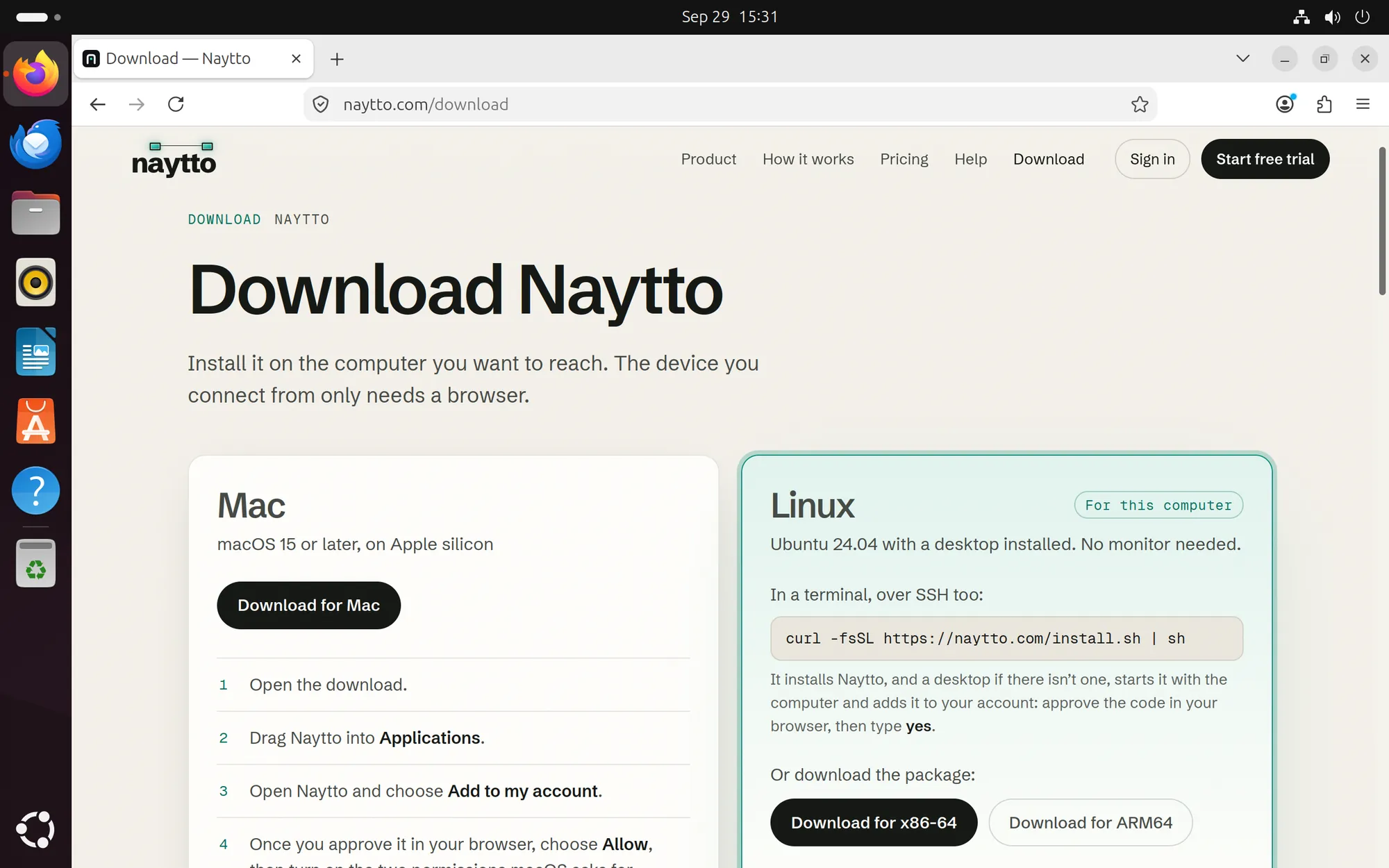 Firefox on Ubuntu at naytto.com/download, with the Linux card’s Download for x86-64 and Download for ARM64 buttons.