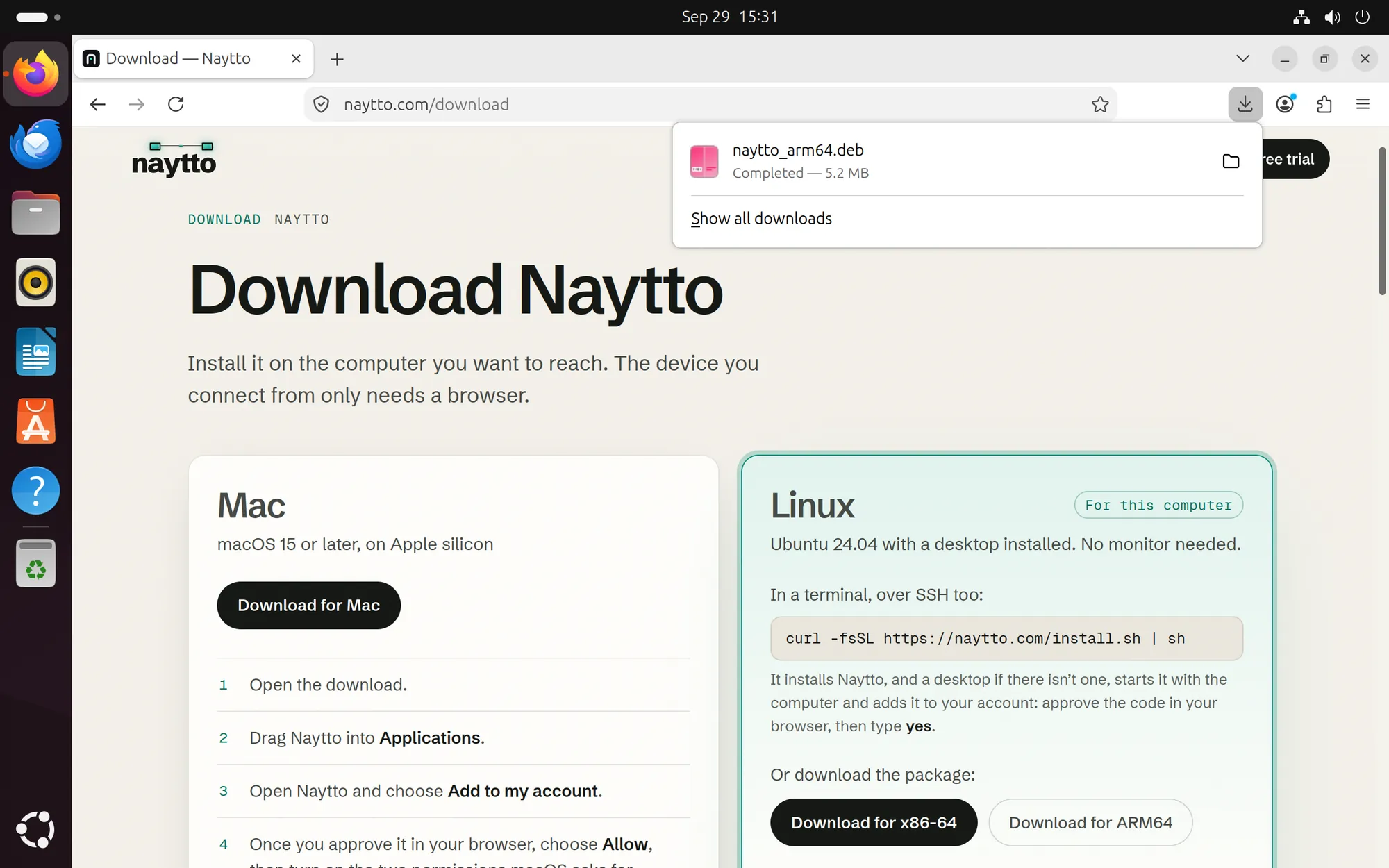 Firefox’s downloads panel listing naytto_arm64.deb as Completed, 5.2 MB, with a folder icon at the right of the row.