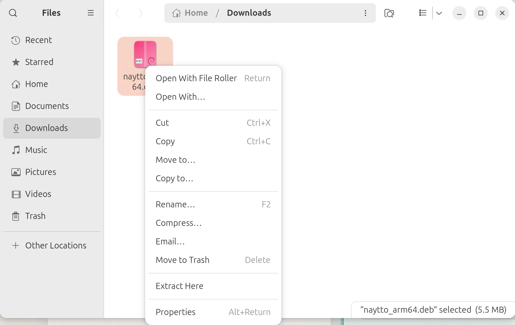 Files open at Home › Downloads with naytto_arm64.deb right-clicked, and a menu offering Open With… and Open With File Roller.