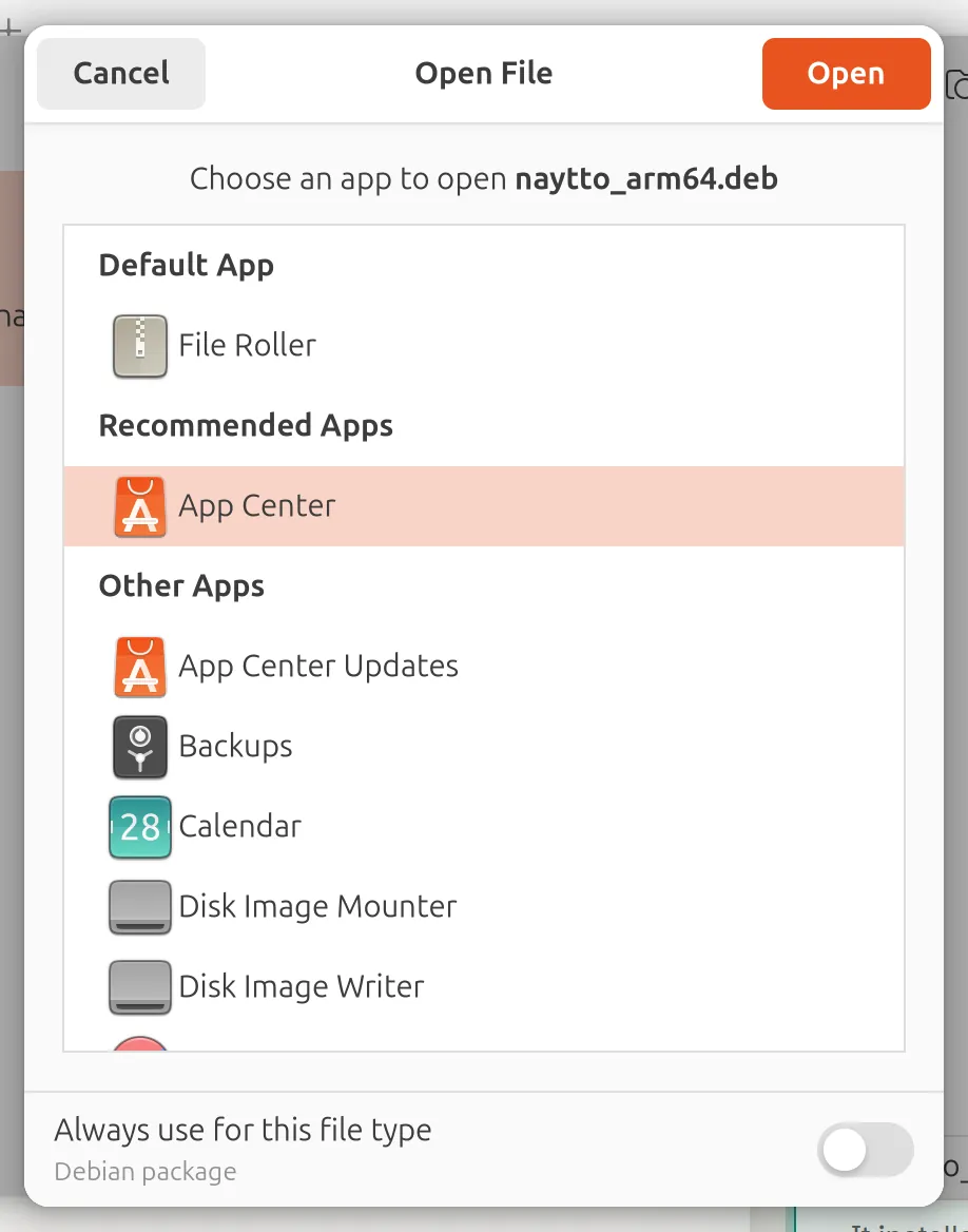 The Open File dialog, Choose an app to open naytto_arm64.deb, with App Center selected under Recommended Apps and an orange Open button at the top right.