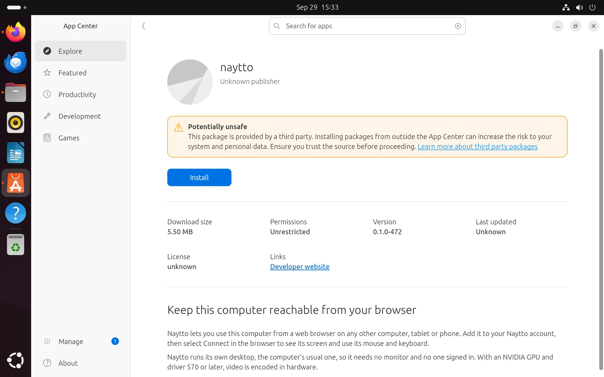 App Center’s page for the naytto package from Unknown publisher, with the Potentially unsafe notice, a blue Install button and version 0.1.0-472.