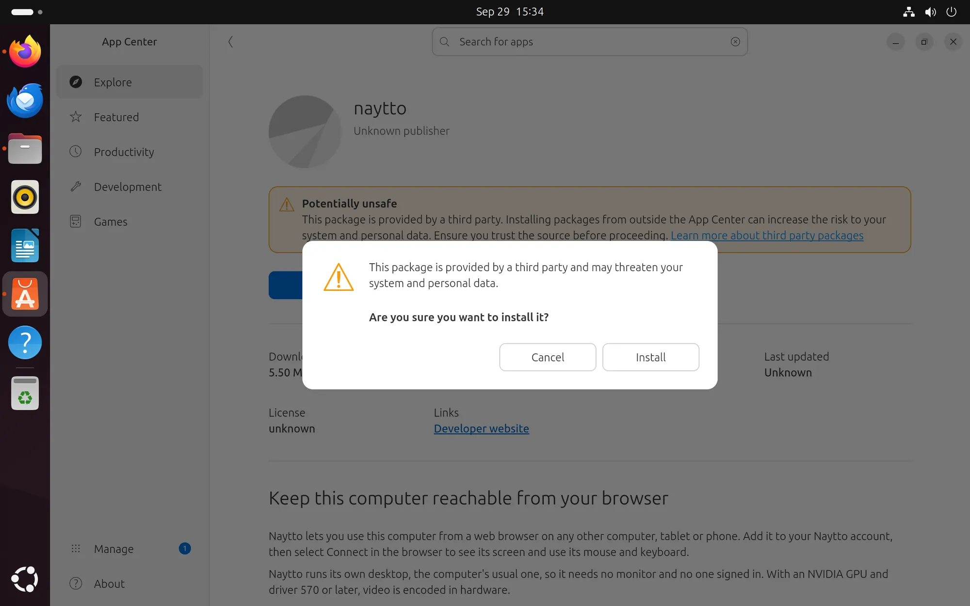 App Center asking Are you sure you want to install it? over the naytto page, with Cancel and Install buttons.