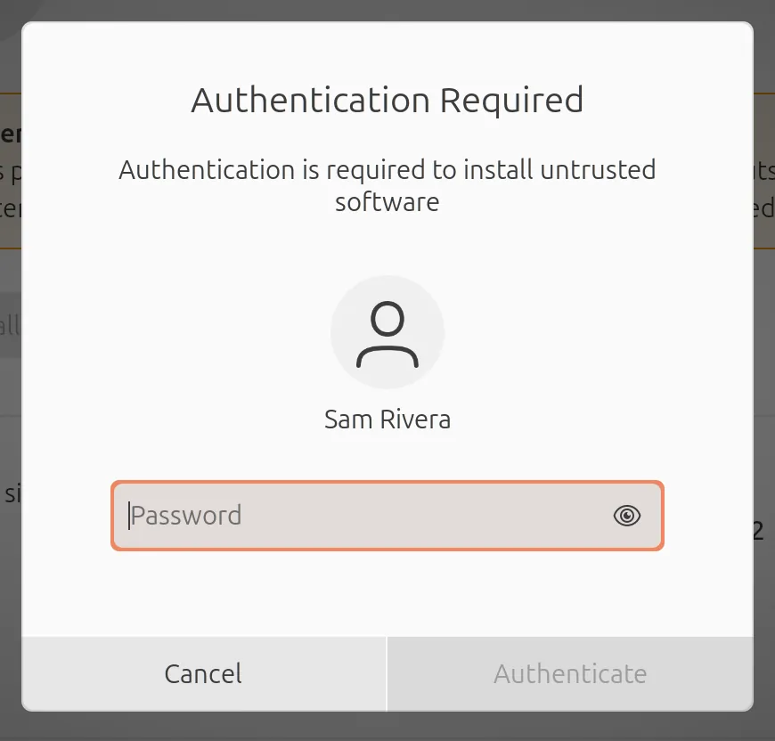 Ubuntu’s Authentication Required dialog, Authentication is required to install untrusted software, for Sam Rivera, with a Password field and an Authenticate button.