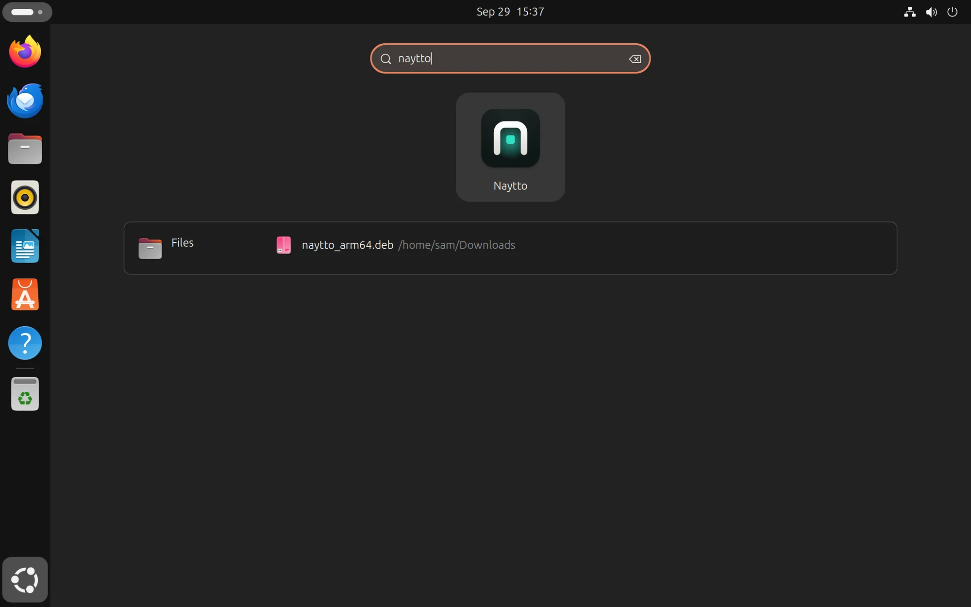 Show Apps with naytto typed in the search field, showing the Naytto app as the first result and the downloaded package under Files.