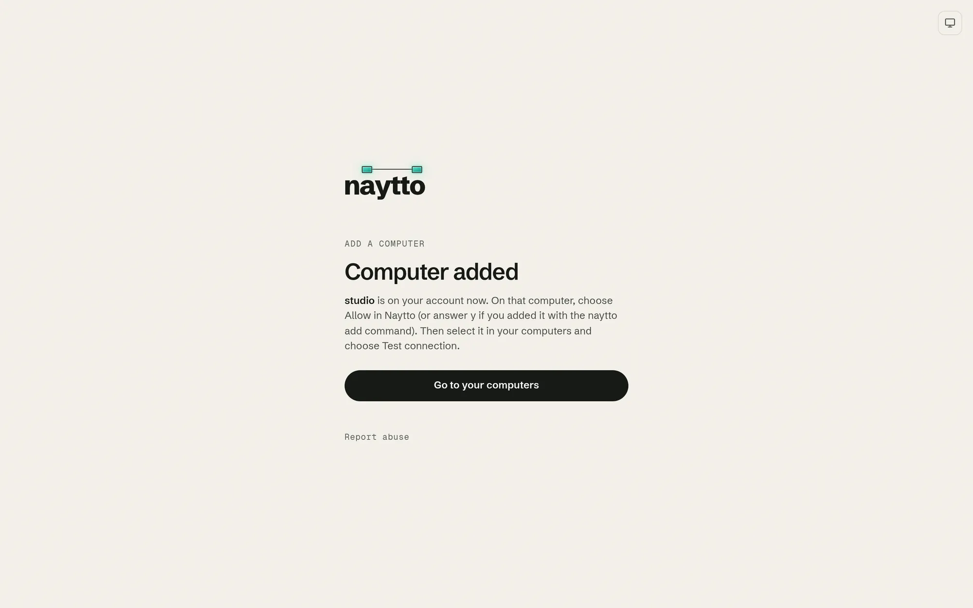 The Computer added page saying studio is on your account now, with a Go to your computers button.