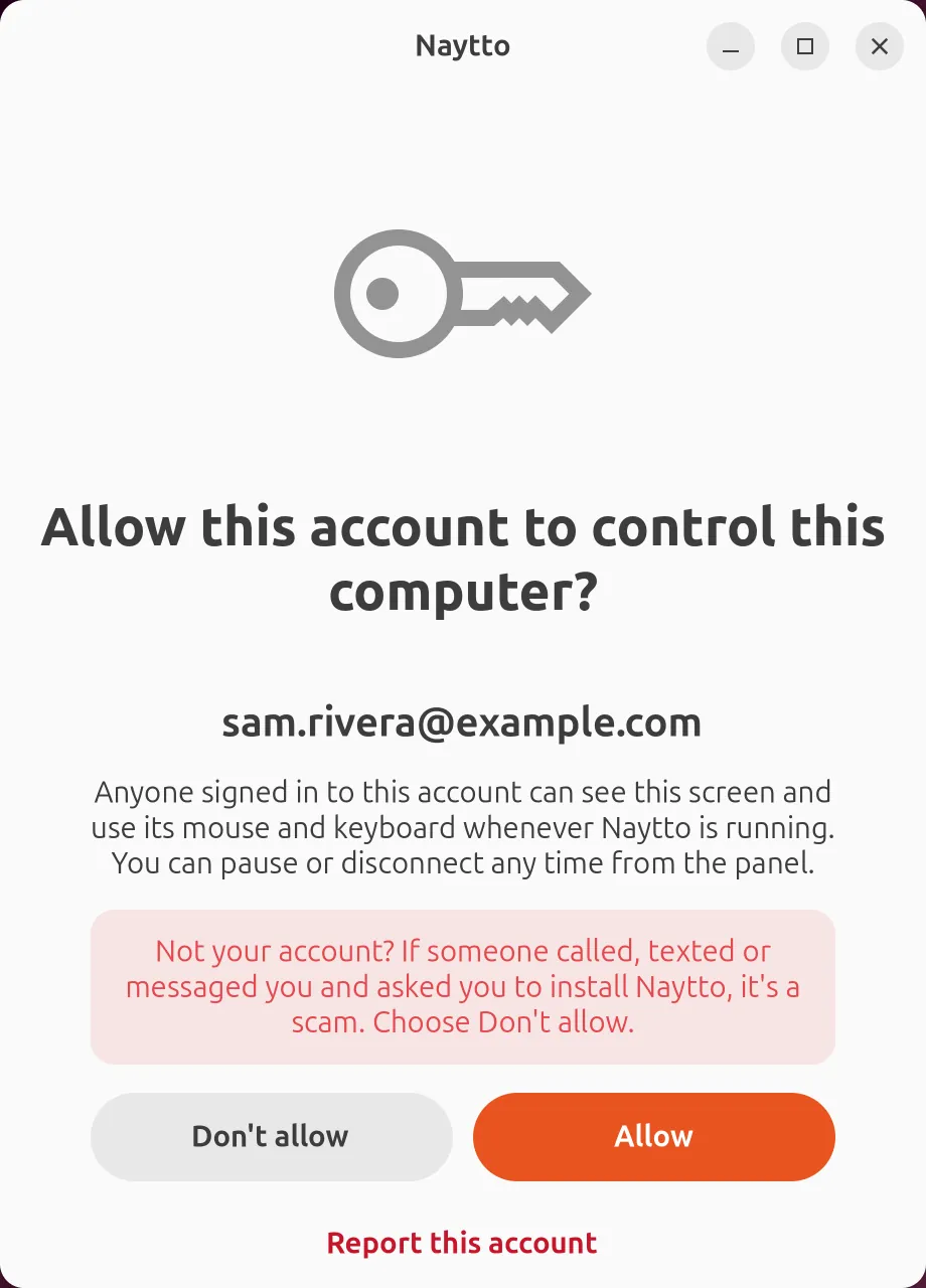 The Naytto window asking Allow this account to control this computer? for sam.rivera@example.com, with a scam warning and the Don't allow and Allow buttons.