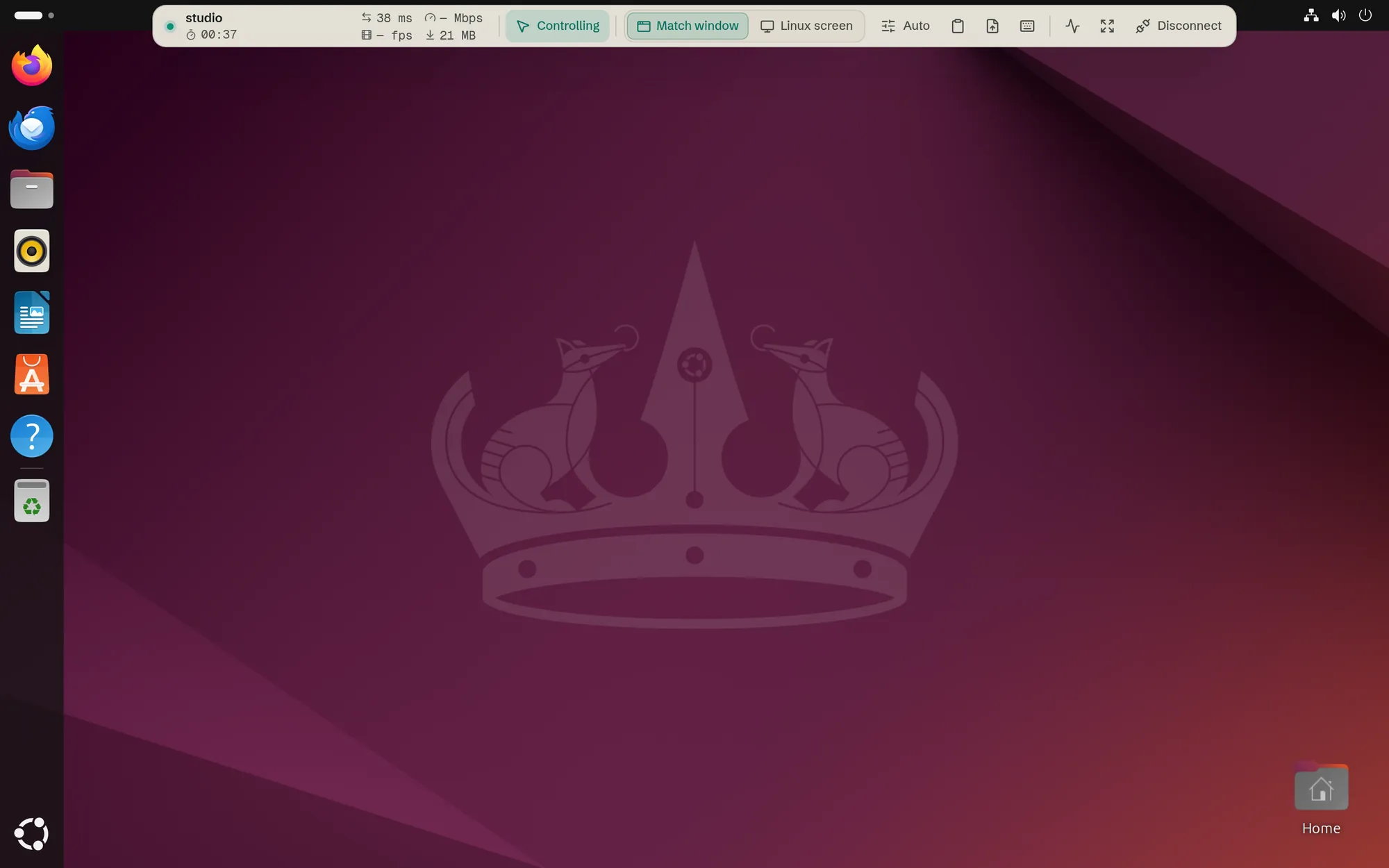 A session in the browser showing the computer’s Ubuntu desktop, with the session controls open at the top: studio with a timer and stats, Controlling, Match window, Linux screen, Auto, clipboard, file and keyboard buttons, and Disconnect.