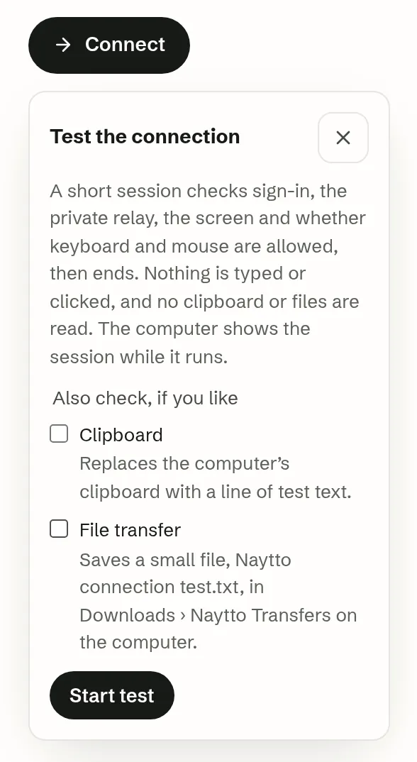 The Test the connection panel under the computer’s Connect button, explaining the check, with optional Clipboard and File transfer boxes and a Start test button.