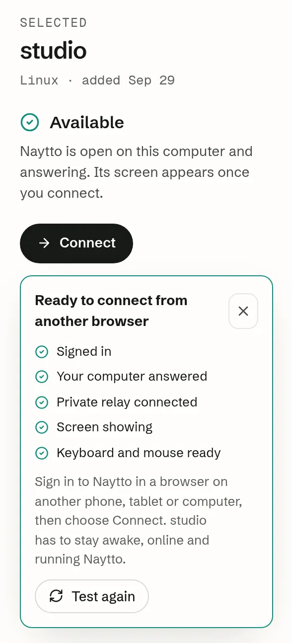 The selected computer, studio, Available, with the test result Ready to connect from another browser and checks for Signed in, Your computer answered, Private relay connected, Screen showing and Keyboard and mouse ready.