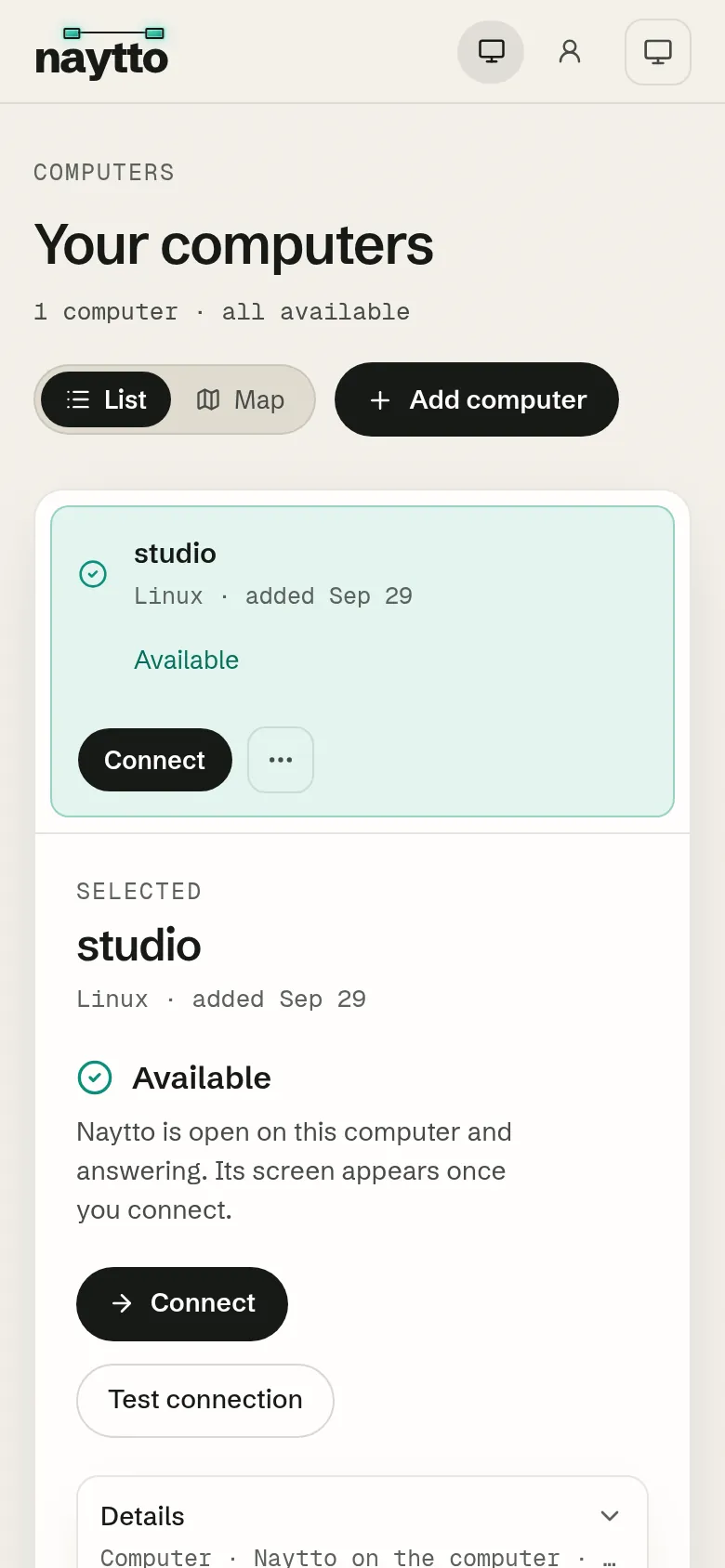 Your computers on a phone, with studio Available and its Connect and Test connection buttons.