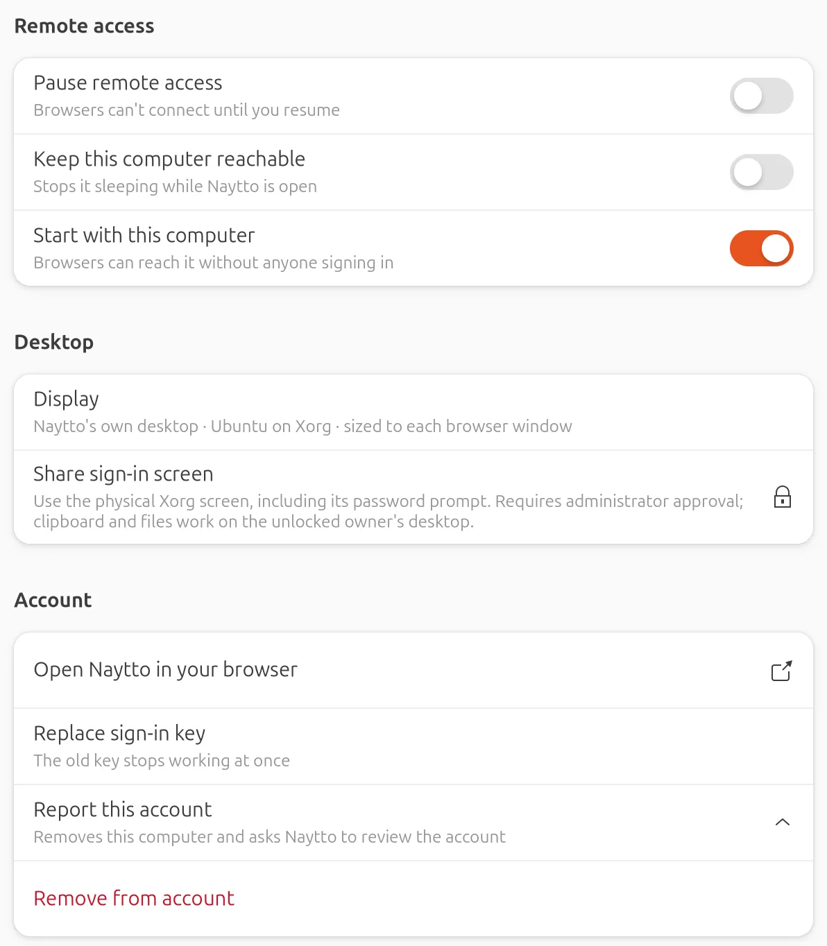 The Naytto window’s settings: Remote access with Pause remote access, Keep this computer reachable and Start with this computer, Desktop with Display and Share sign-in screen, and Account ending in Remove from account.