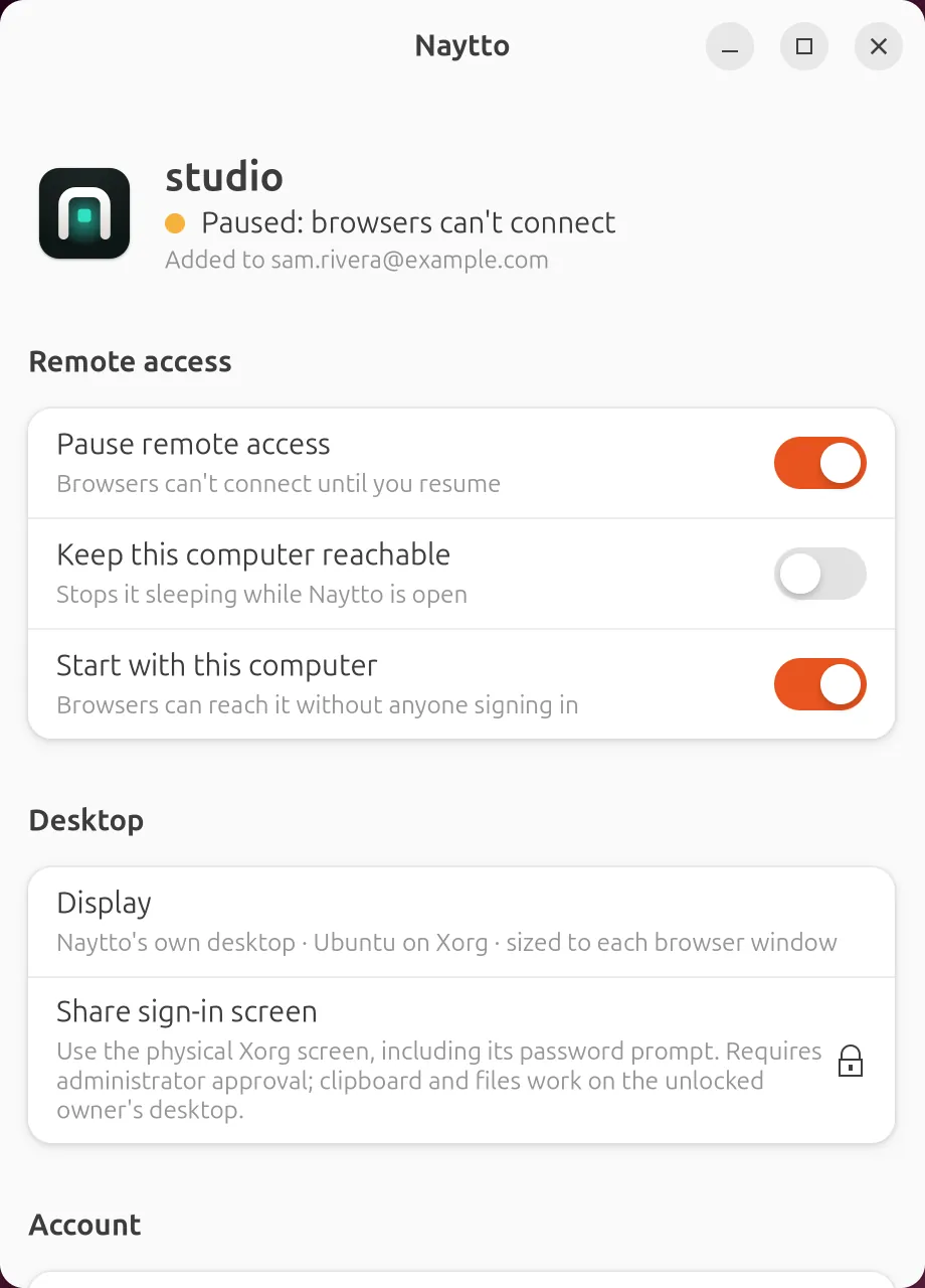 The Naytto window with Pause remote access switched on and the status under studio reading Paused: browsers can't connect, beside an amber dot.