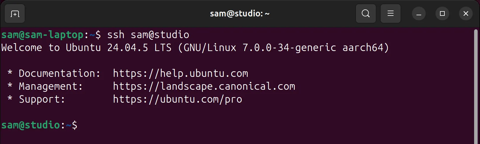 A terminal window after ssh sam@studio, showing Ubuntu 24.04.5 LTS’s welcome text and the computer’s prompt, sam@studio:~$.