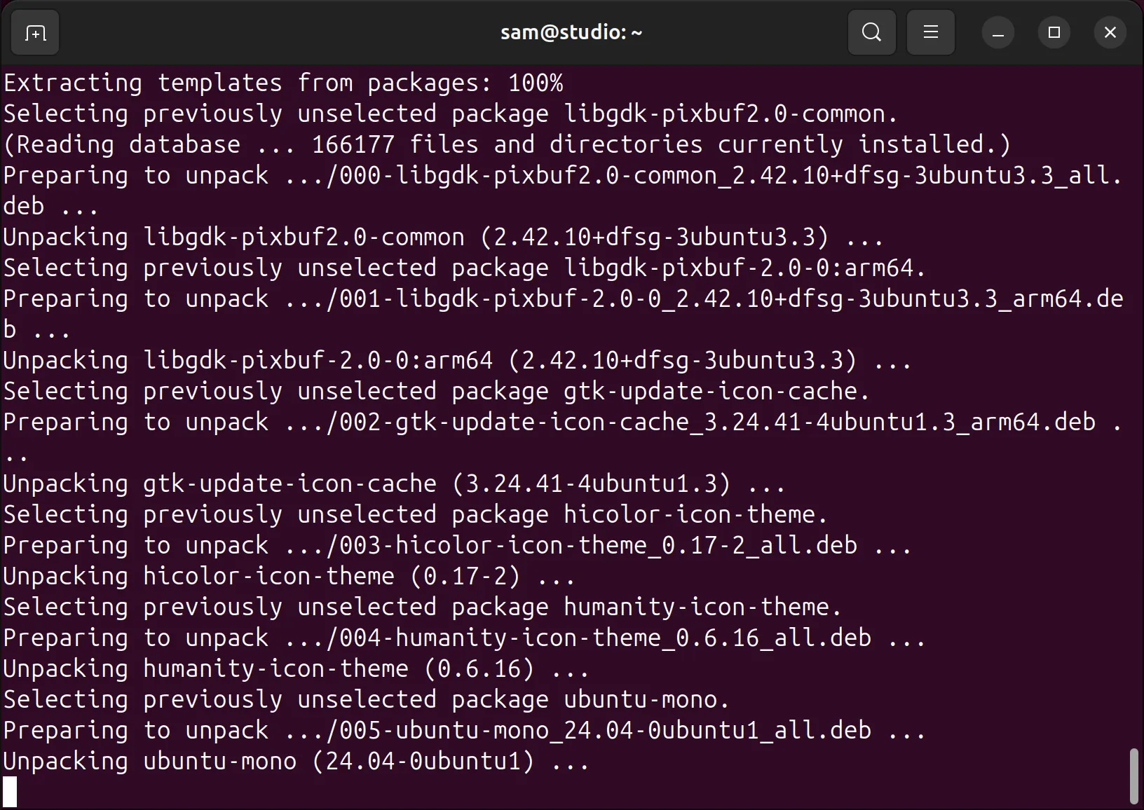 The terminal filling with Ubuntu’s package lines, Selecting, Preparing to unpack and Unpacking, as Naytto and what it needs install.