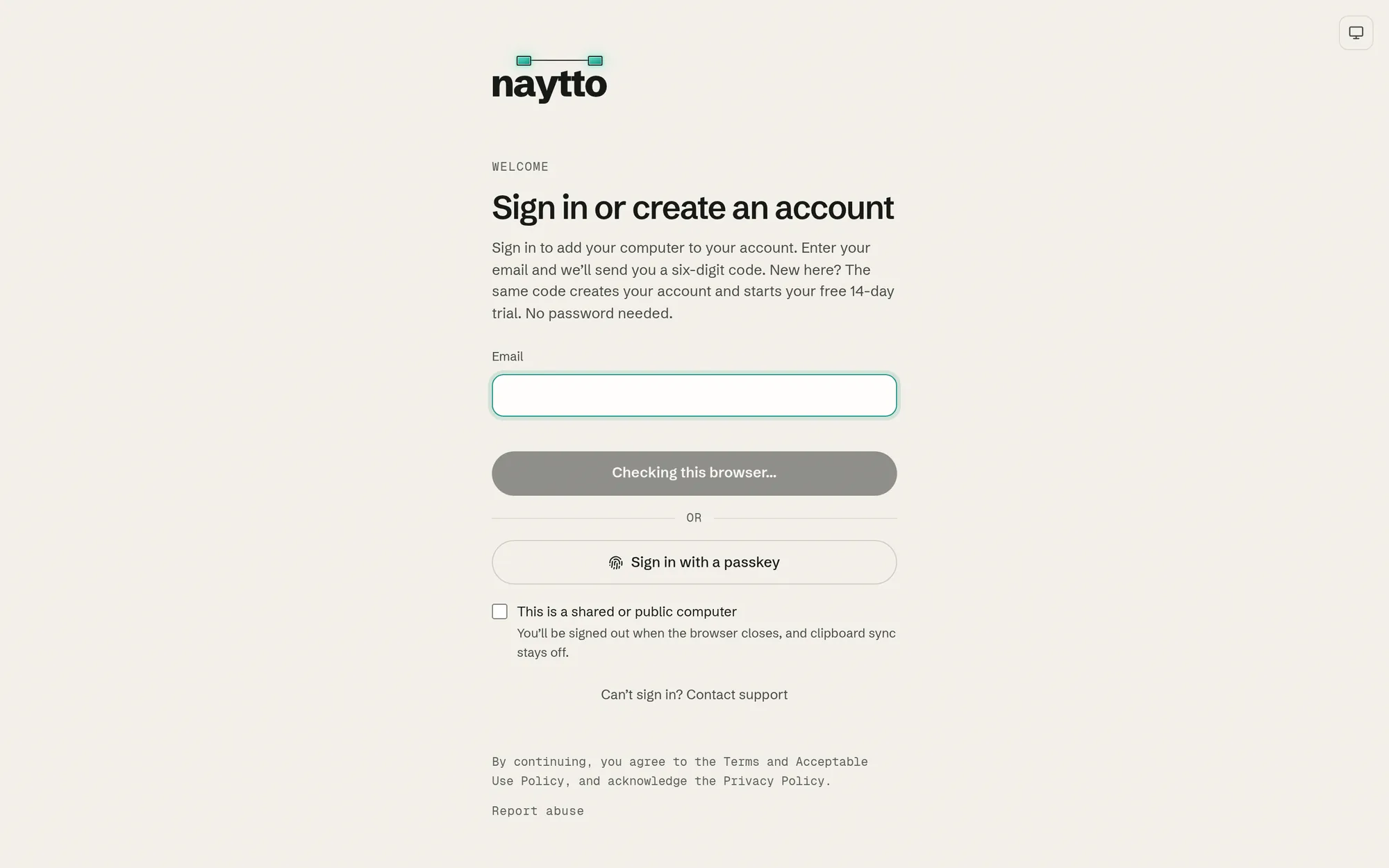 The Sign in or create an account page on app.naytto.com, saying Sign in to add your computer to your account, with an empty Email field and the button reading Checking this browser…