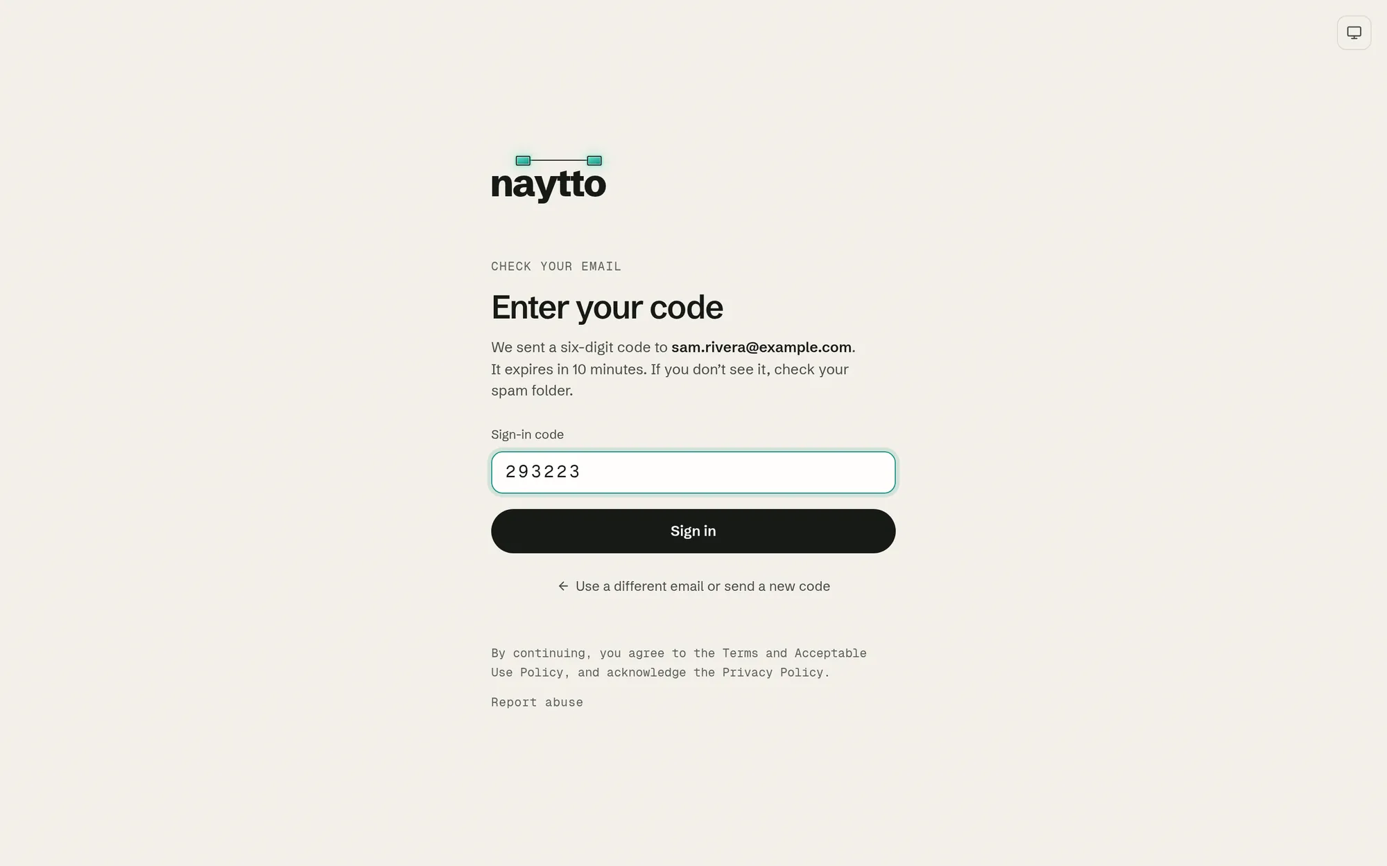 The Enter your code page for sam.rivera@example.com, with a six-digit code typed into Sign-in code above the Sign in button.
