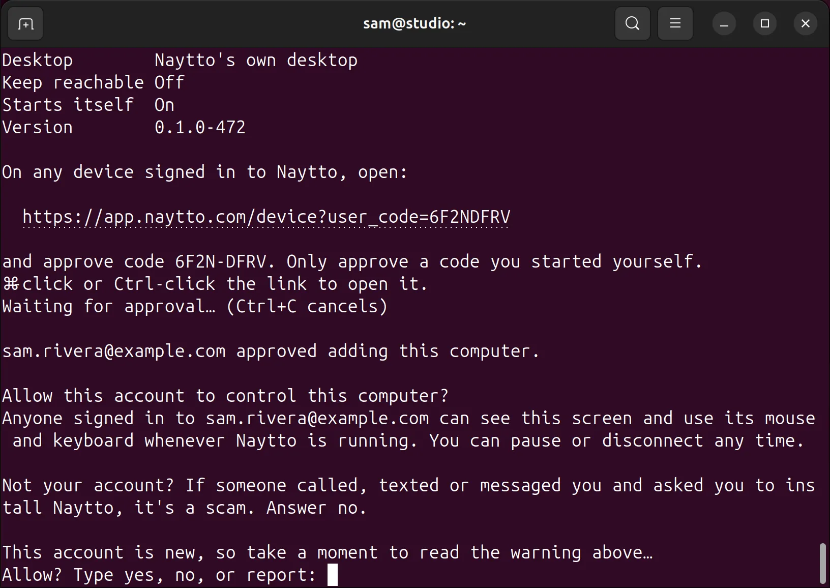 The terminal saying sam.rivera@example.com approved adding this computer, asking Allow this account to control this computer? with a scam warning, and ending in Allow? Type yes, no, or report: