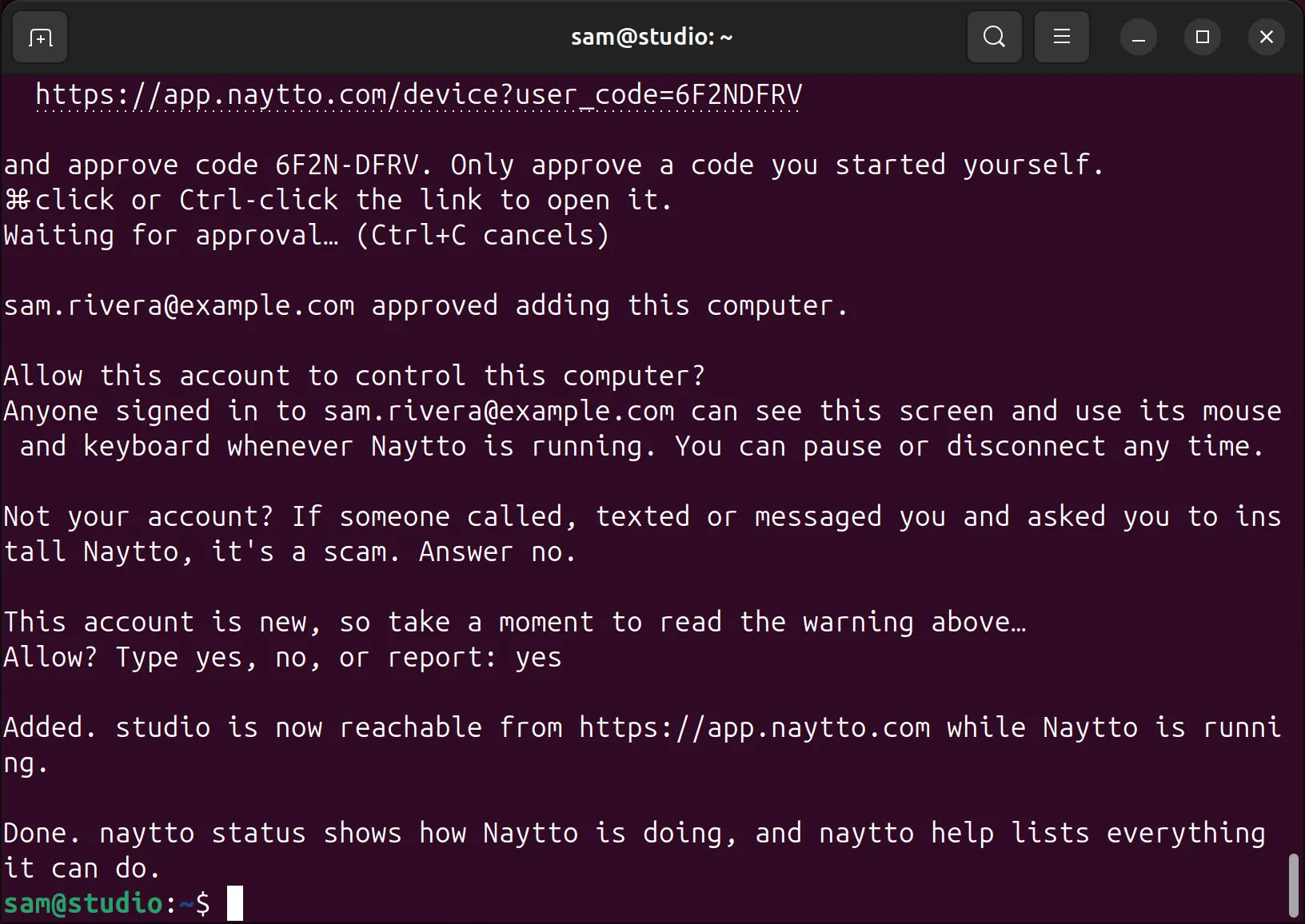 The terminal after yes, saying Added. studio is now reachable from https://app.naytto.com while Naytto is running. then Done. and the prompt again.