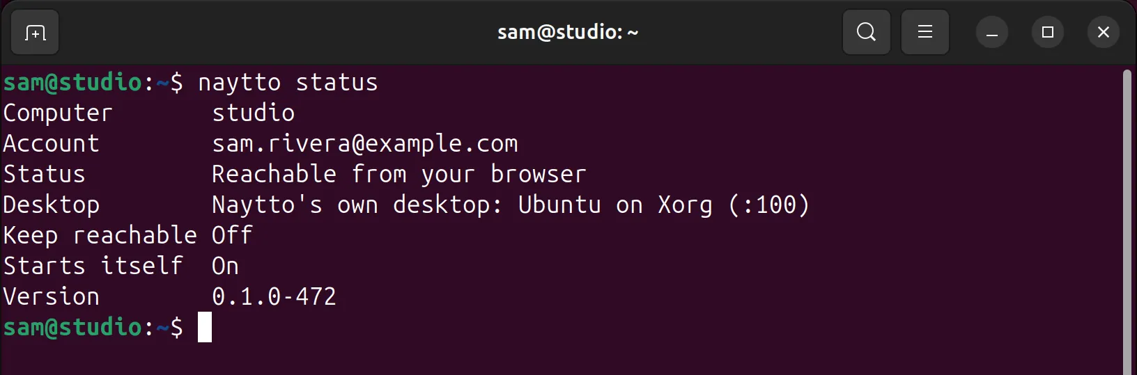 The terminal showing naytto status: studio, sam.rivera@example.com, Reachable from your browser, Naytto’s own desktop: Ubuntu on Xorg (:100), Keep reachable Off, Starts itself On and the version.