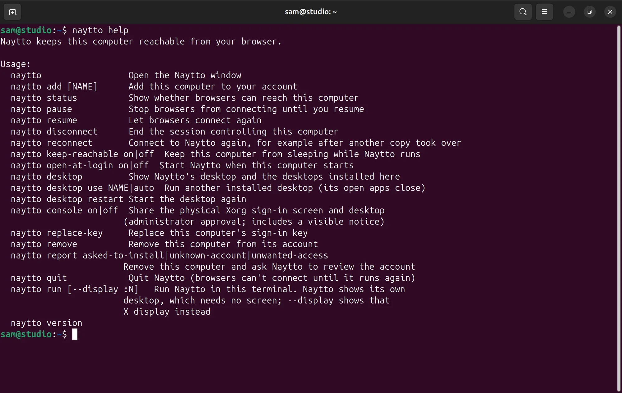 A maximized terminal showing naytto help, a list of every naytto command with a one-line description of each.