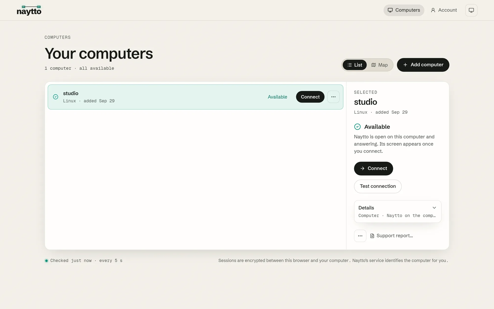 Your computers on app.naytto.com listing studio, Linux, added Sep 29, Available, with a Connect button in its row and the selected computer’s panel with Connect and Test connection.