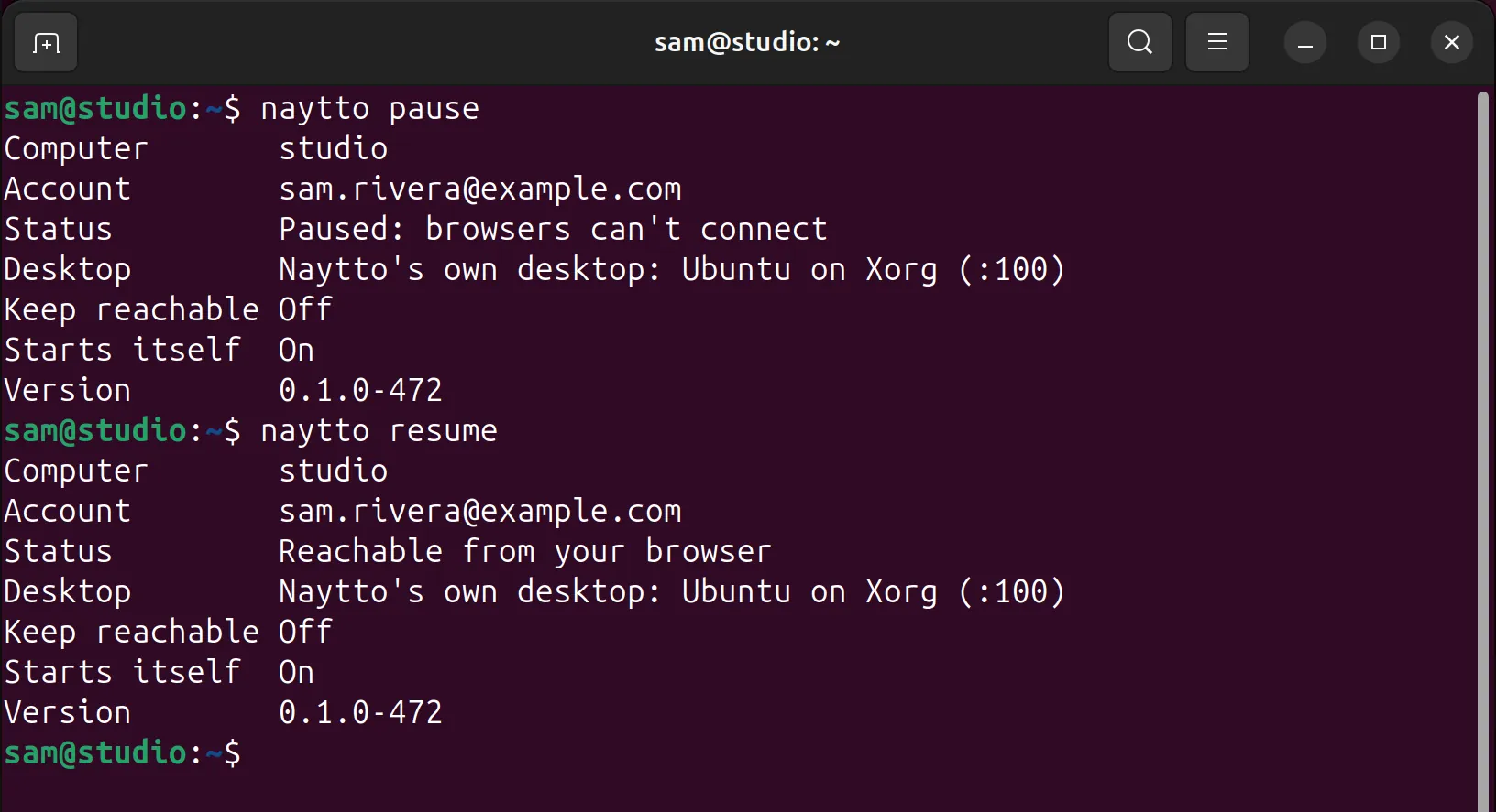 The terminal showing naytto pause, with Status Paused: browsers can't connect, then naytto resume, with Status back to Reachable from your browser.