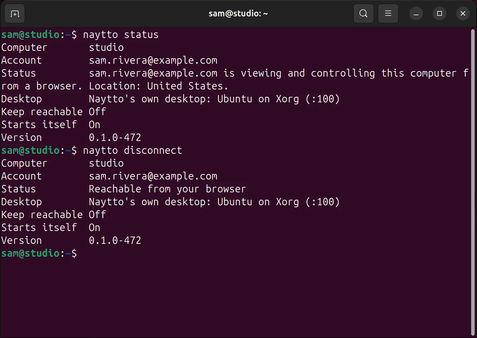 The terminal showing naytto status while sam.rivera@example.com is viewing and controlling this computer from a browser, then naytto disconnect, after which the status reads Reachable from your browser.