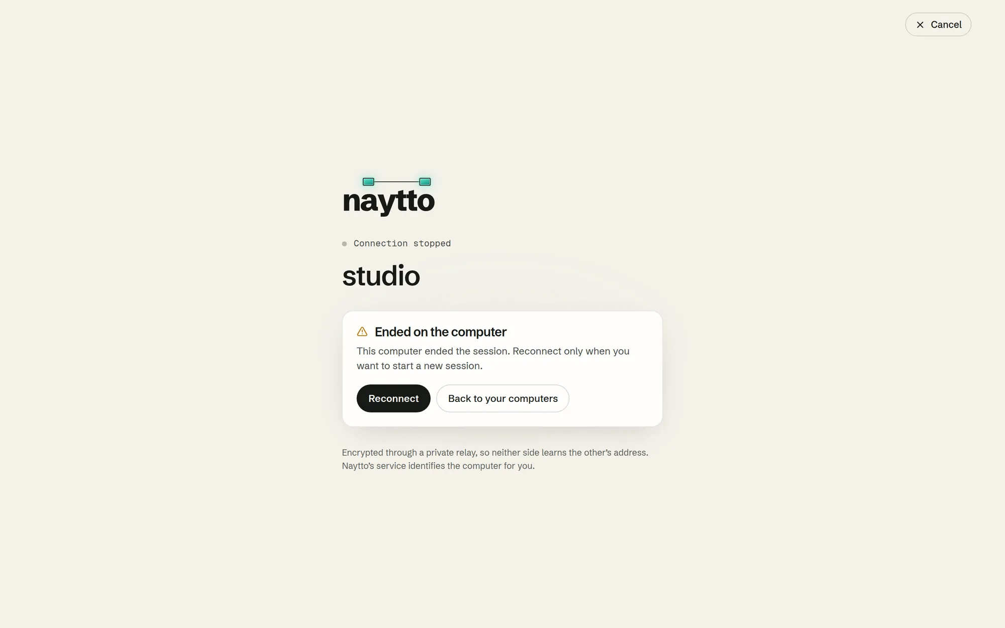 The browser after the session ends: Connection stopped, studio, Ended on the computer, with Reconnect and Back to your computers buttons.