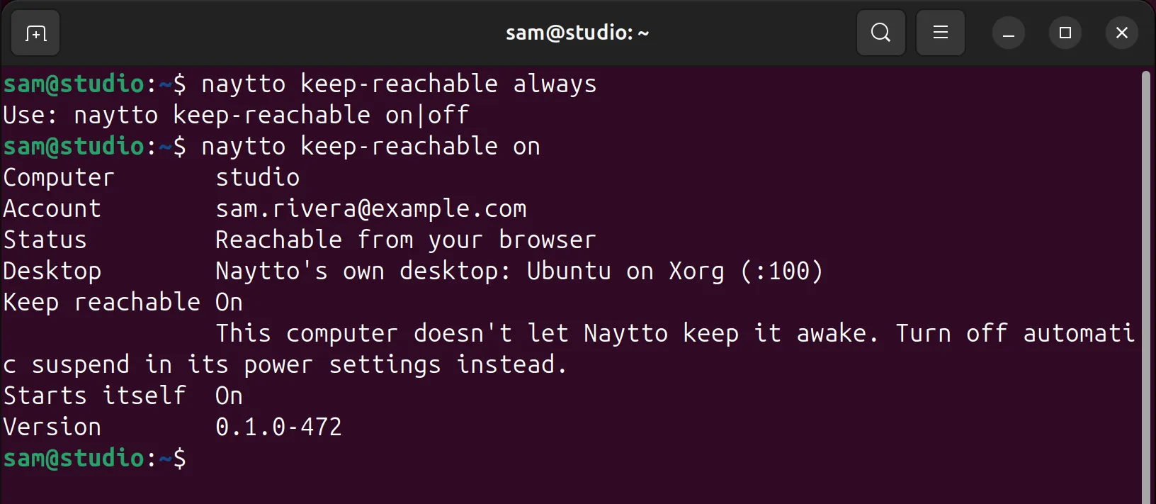 The terminal showing naytto keep-reachable always answered with Use: naytto keep-reachable on|off, then naytto keep-reachable on, with Keep reachable On and a note that this computer doesn't let Naytto keep it awake.