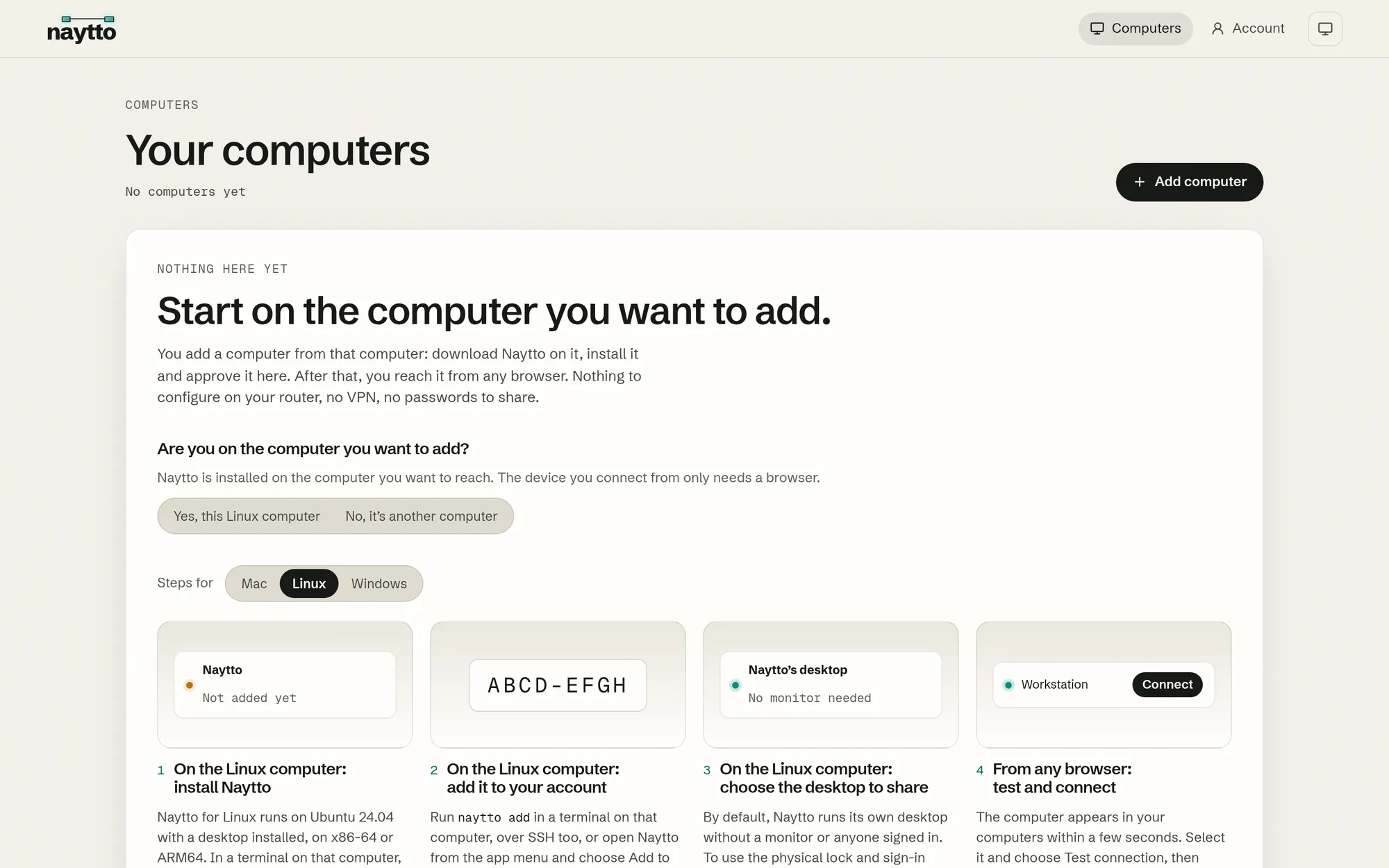Your computers on app.naytto.com after the removal, saying No computers yet above a card that begins Start on the computer you want to add.