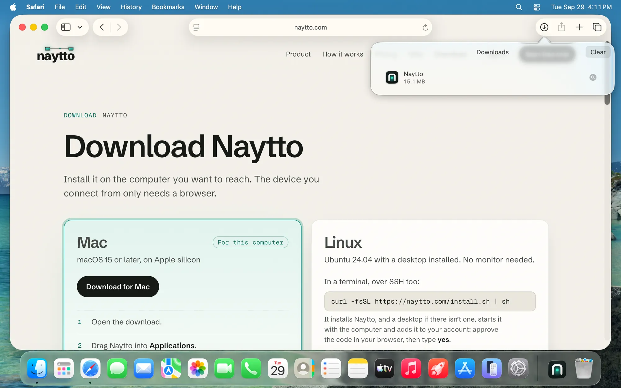 Safari’s Downloads list showing Naytto, 15.1 MB, with a magnifying glass button beside it and Naytto’s icon on the Dock.