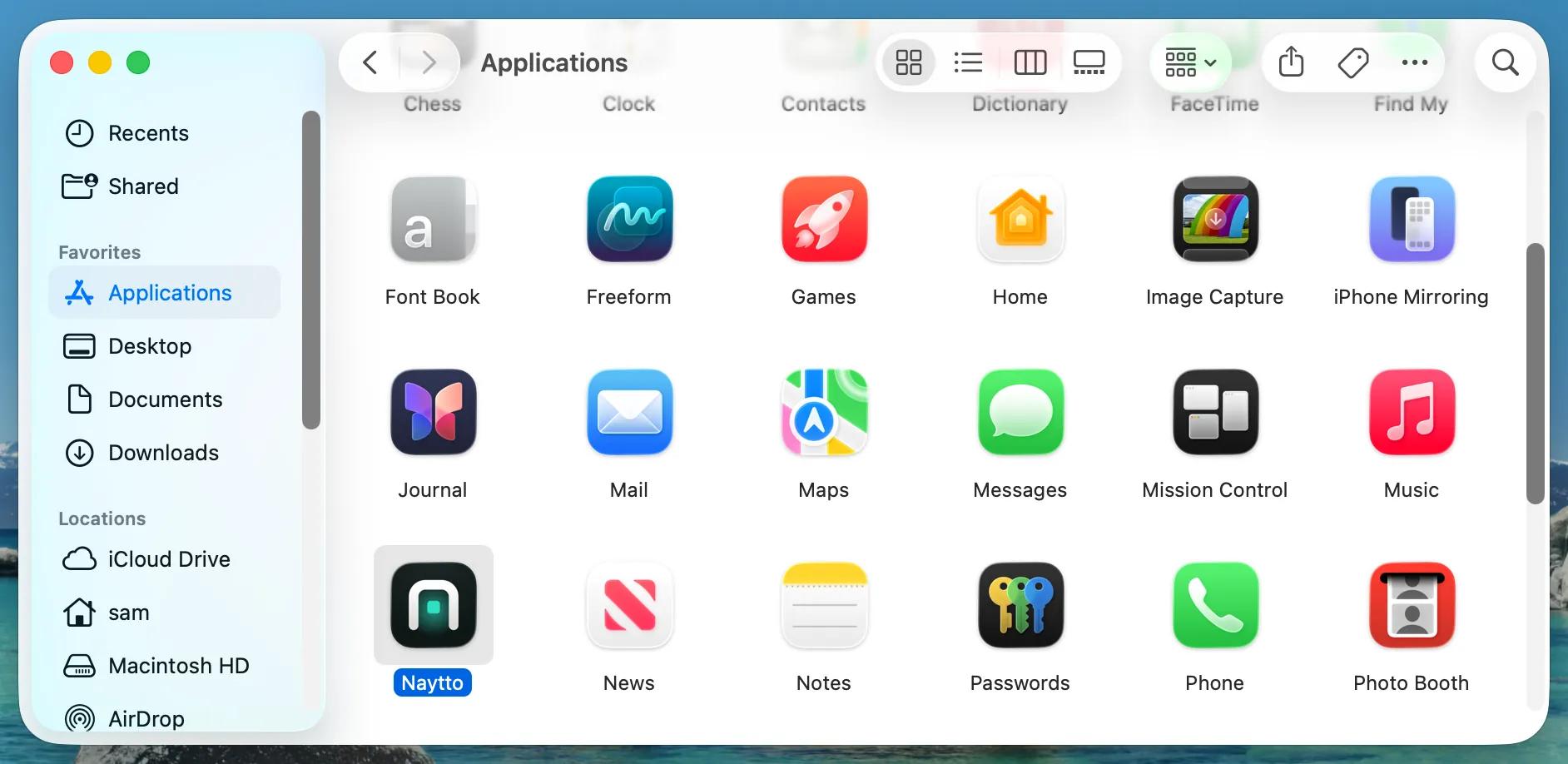 The Applications folder in Finder with the Naytto app selected among the other apps.