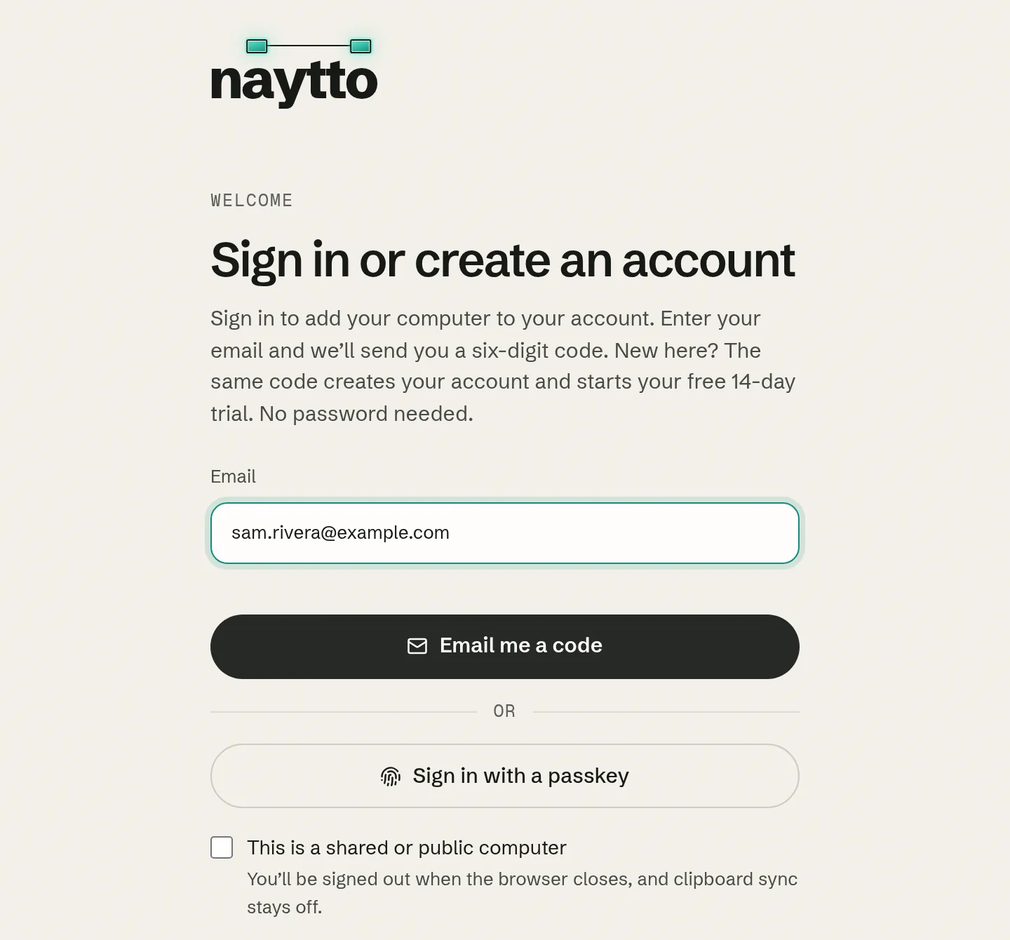 The Sign in or create an account page on app.naytto.com, with sam.rivera@example.com in the Email field above the Email me a code button.