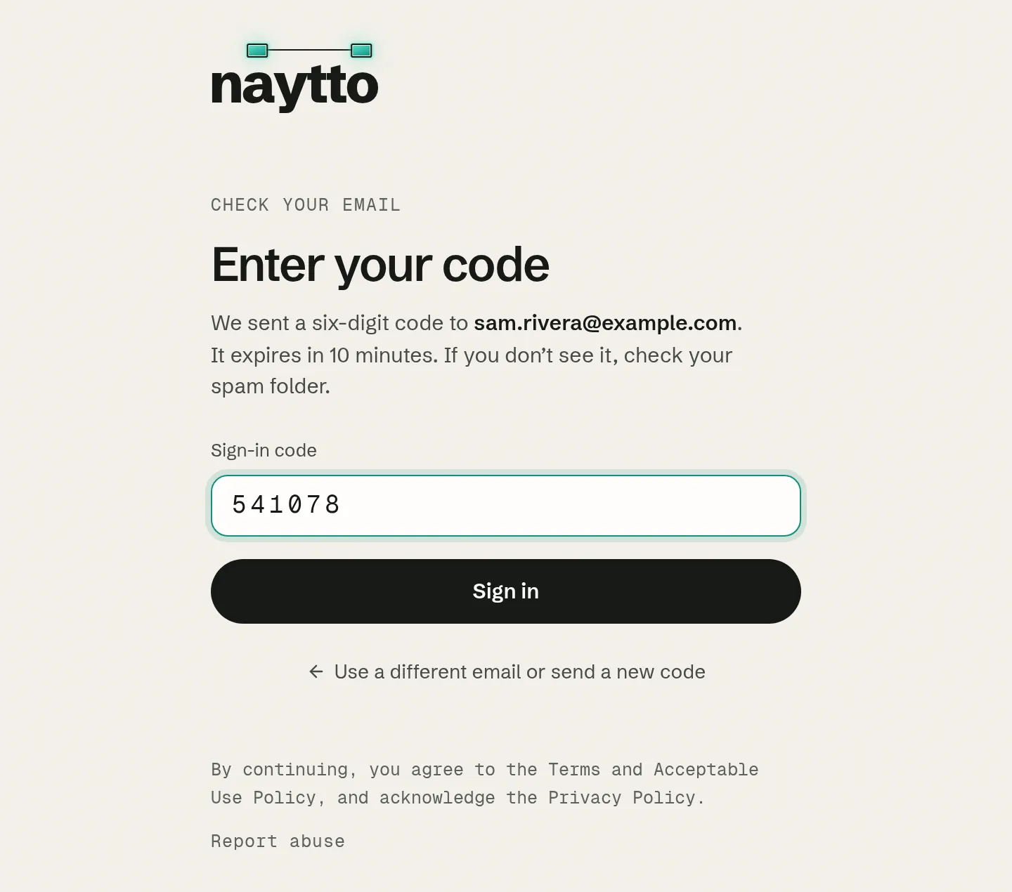 The Enter your code page for sam.rivera@example.com, with a six-digit code typed into Sign-in code above the Sign in button.