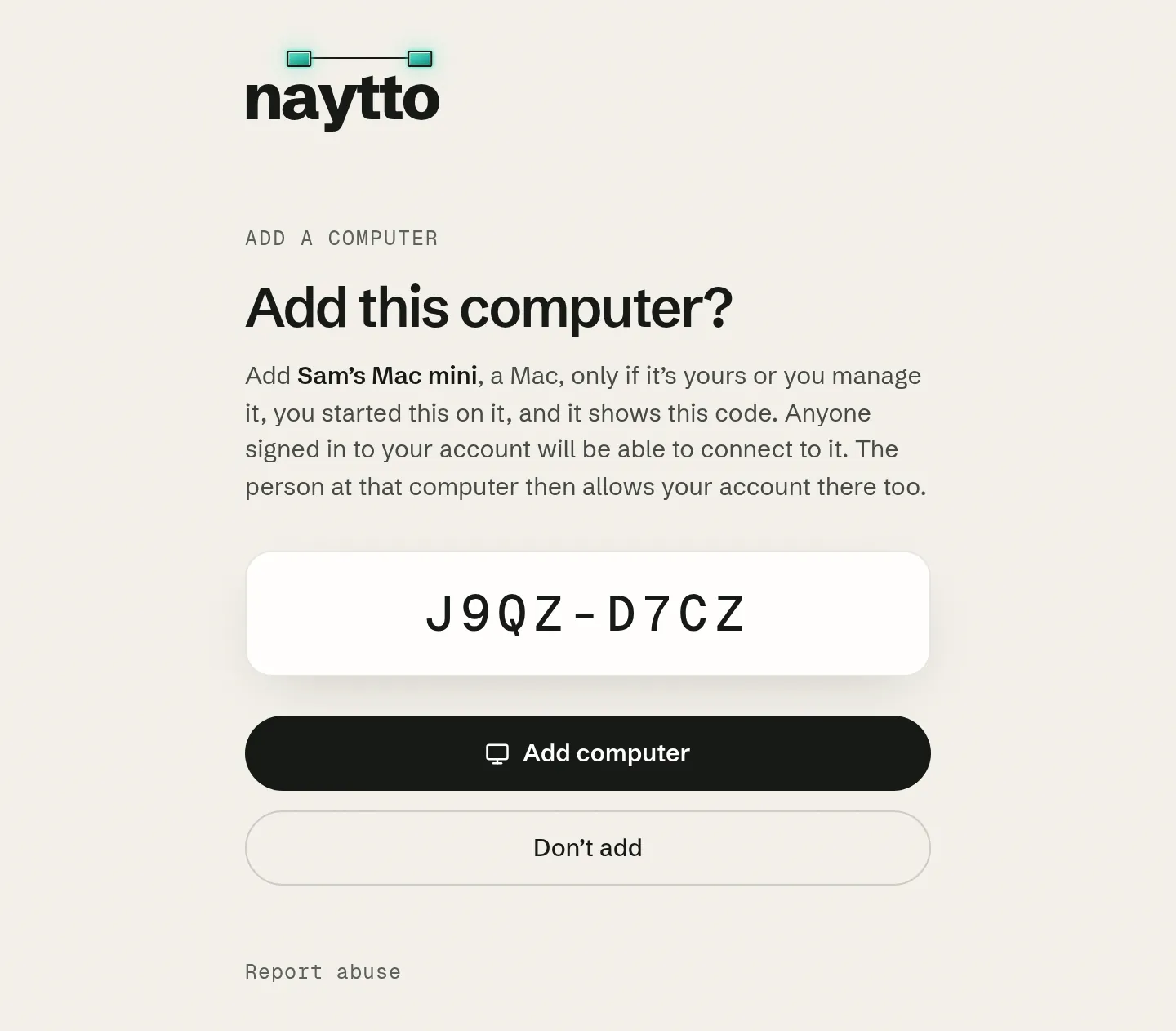 The Add this computer? page naming Sam’s Mac mini, a Mac, with the code J9QZ-D7CZ and the Add computer and Don’t add buttons.
