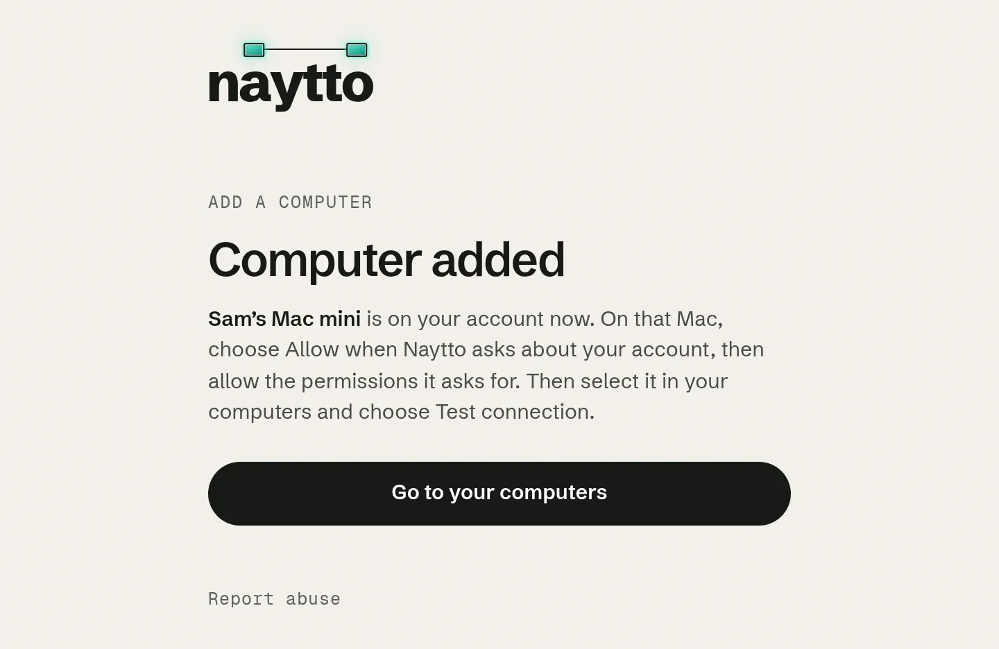 The Computer added page saying Sam’s Mac mini is on your account now, with a Go to your computers button.