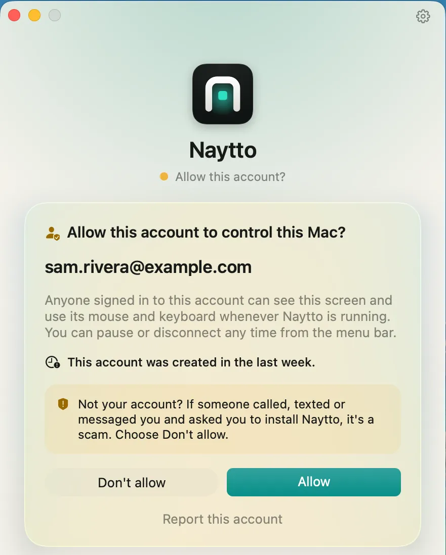The Naytto window asking Allow this account to control this Mac? for sam.rivera@example.com, with a scam warning and the Don't allow and Allow buttons.