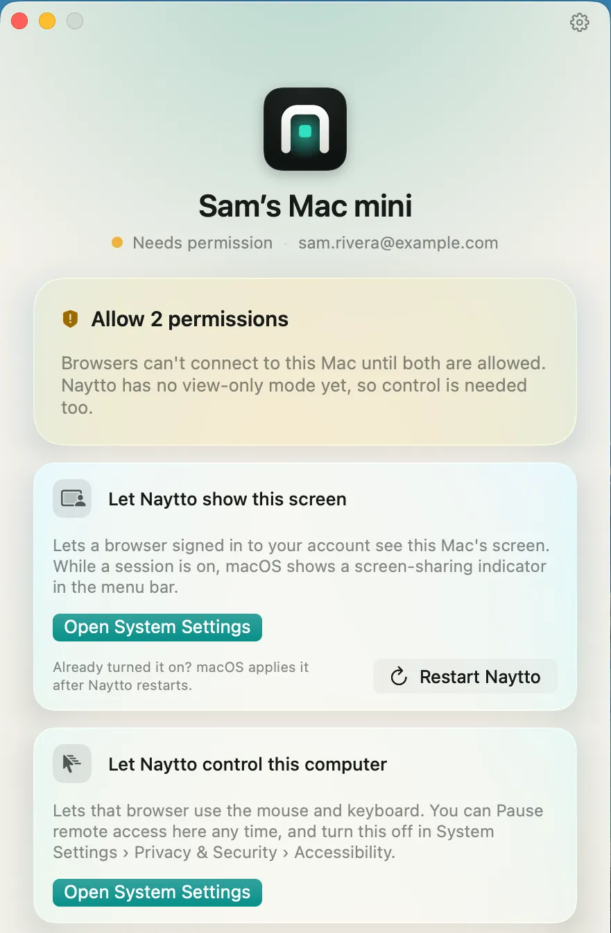 The Naytto window titled Sam’s Mac mini, Needs permission, asking to Allow 2 permissions, with an Open System Settings button under Let Naytto show this screen and another under Let Naytto control this computer.