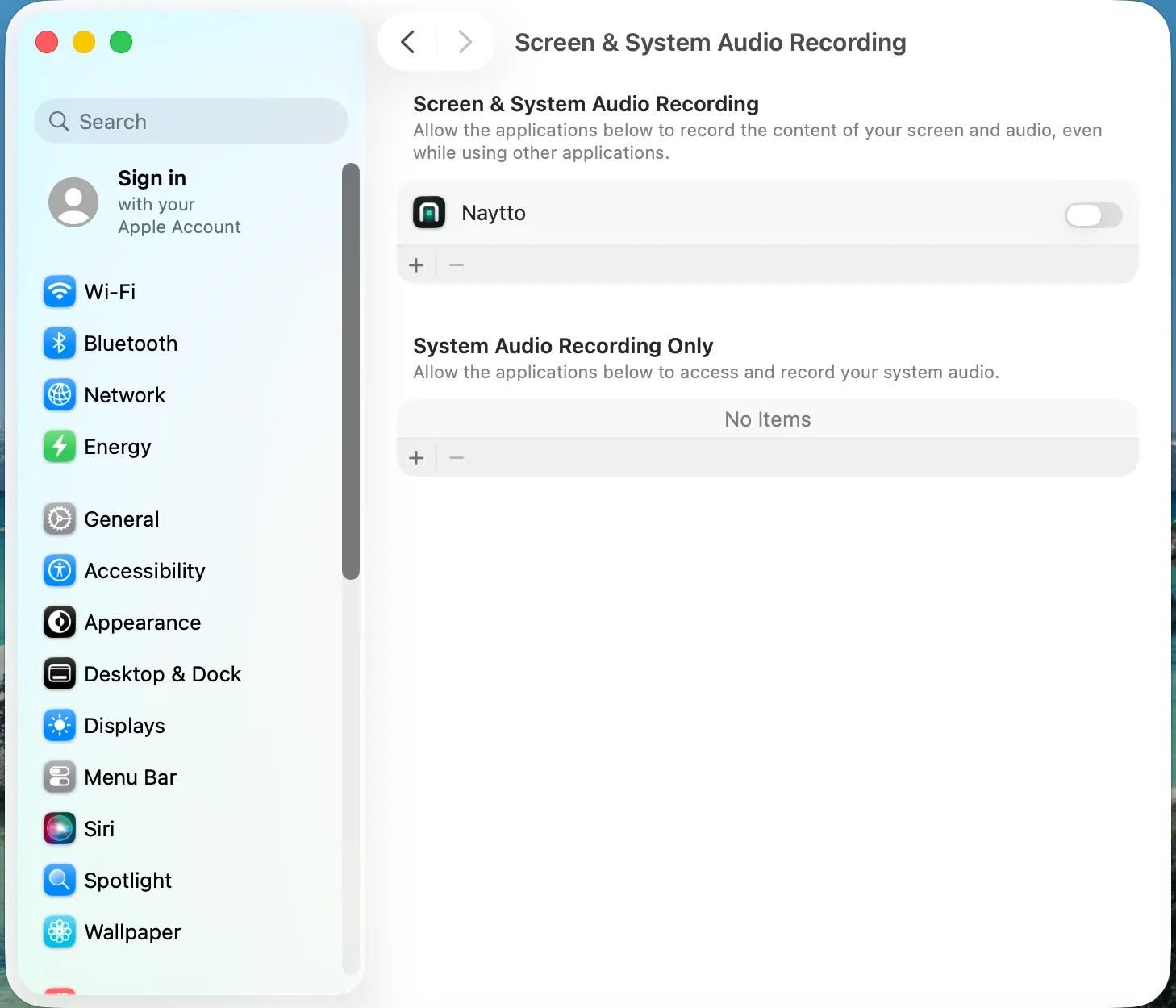 System Settings at Screen & System Audio Recording, with Naytto listed and its switch off.