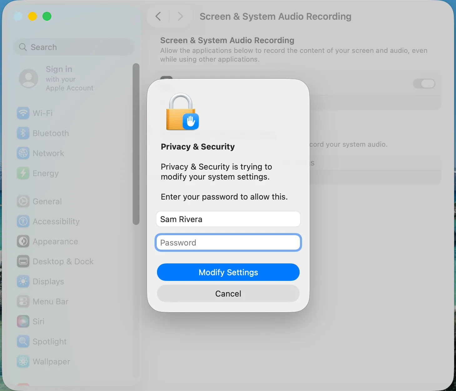 A macOS password prompt over System Settings: Privacy & Security is trying to modify your system settings, with the user Sam Rivera, a Password field and Modify Settings.