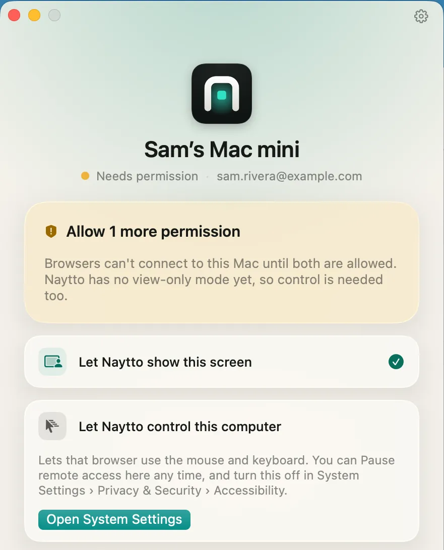 The Naytto window asking to Allow 1 more permission, with a green check beside Let Naytto show this screen and an Open System Settings button under Let Naytto control this computer.