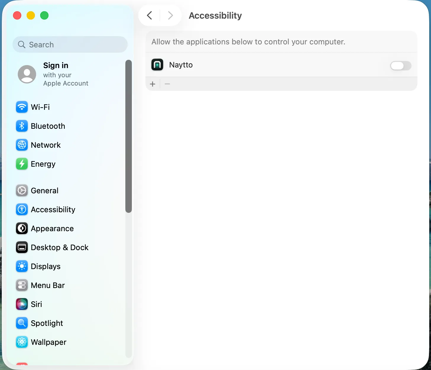 System Settings at Accessibility, Allow the applications below to control your computer, with Naytto listed and its switch off.