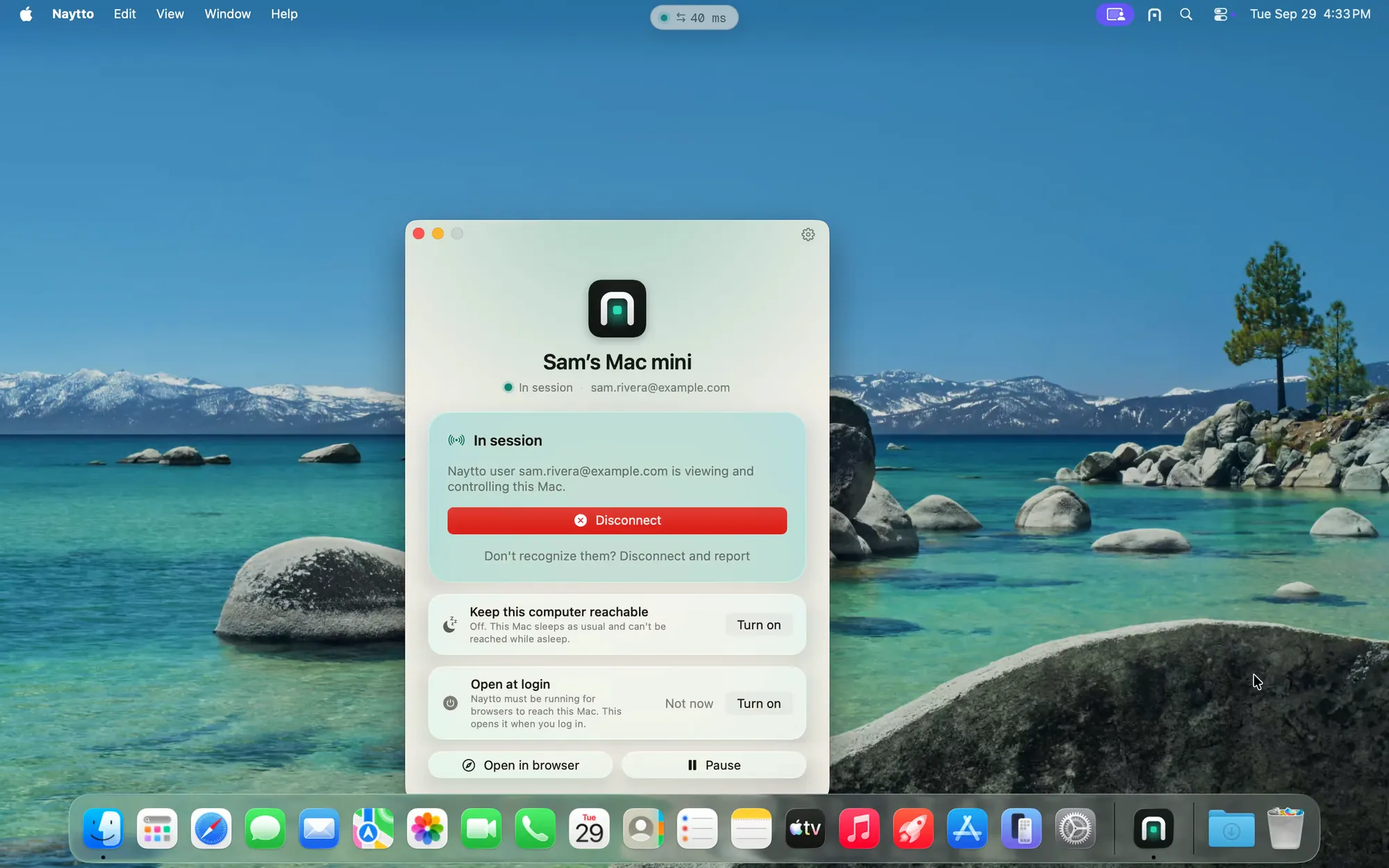 The Mac’s desktop filling the browser tab during a session, with the Naytto window reading In session and a round trip of 40 ms in a pill at the top.