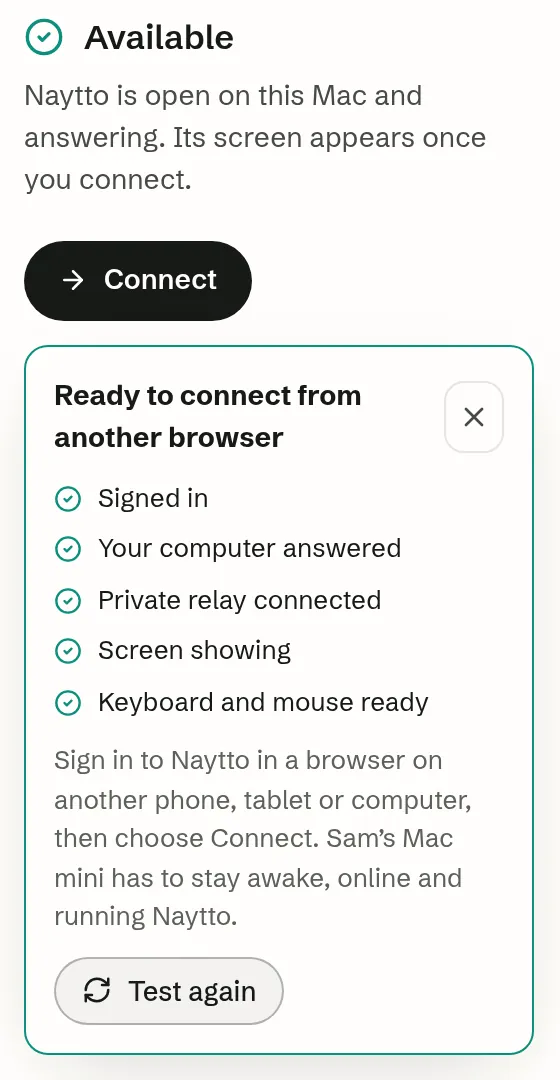 The selected Mac in the side panel, Available, with Connect and the test result, Ready to connect from another browser, with checks for Signed in, Your computer answered, Private relay connected, Screen showing and Keyboard and mouse ready.