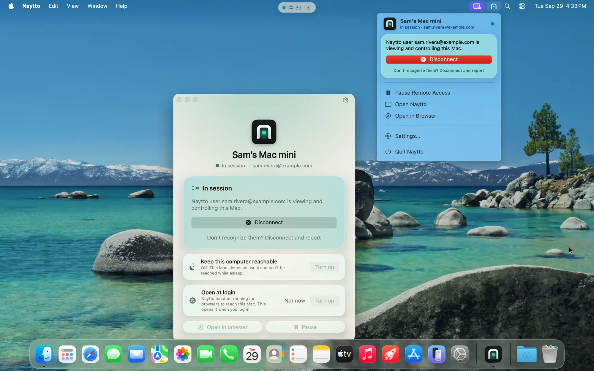 The Mac’s desktop in a session with the Naytto menu open, saying Naytto user sam.rivera@example.com is viewing and controlling this Mac, with a red Disconnect button.