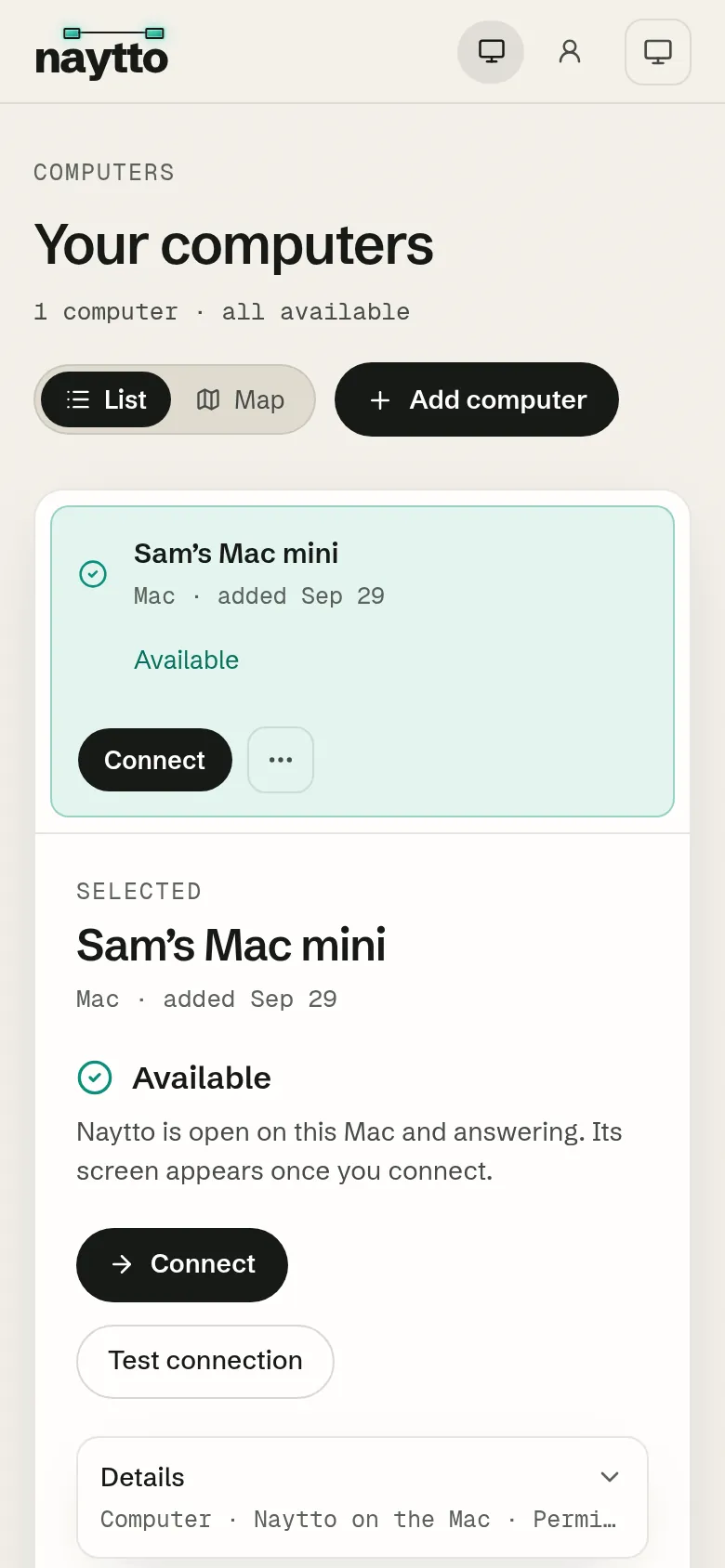 Your computers on a phone, with Sam’s Mac mini Available and its Connect and Test connection buttons.