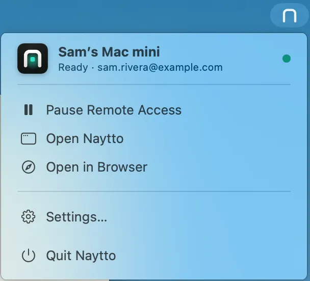 The Naytto menu open under its icon in the menu bar, showing Sam’s Mac mini, Ready, with Pause Remote Access, Open Naytto, Open in Browser, Settings… and Quit Naytto.