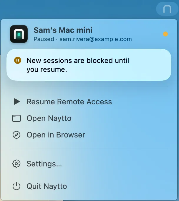 The Naytto menu reading Paused, New sessions are blocked until you resume, with Resume Remote Access at the top of the list.