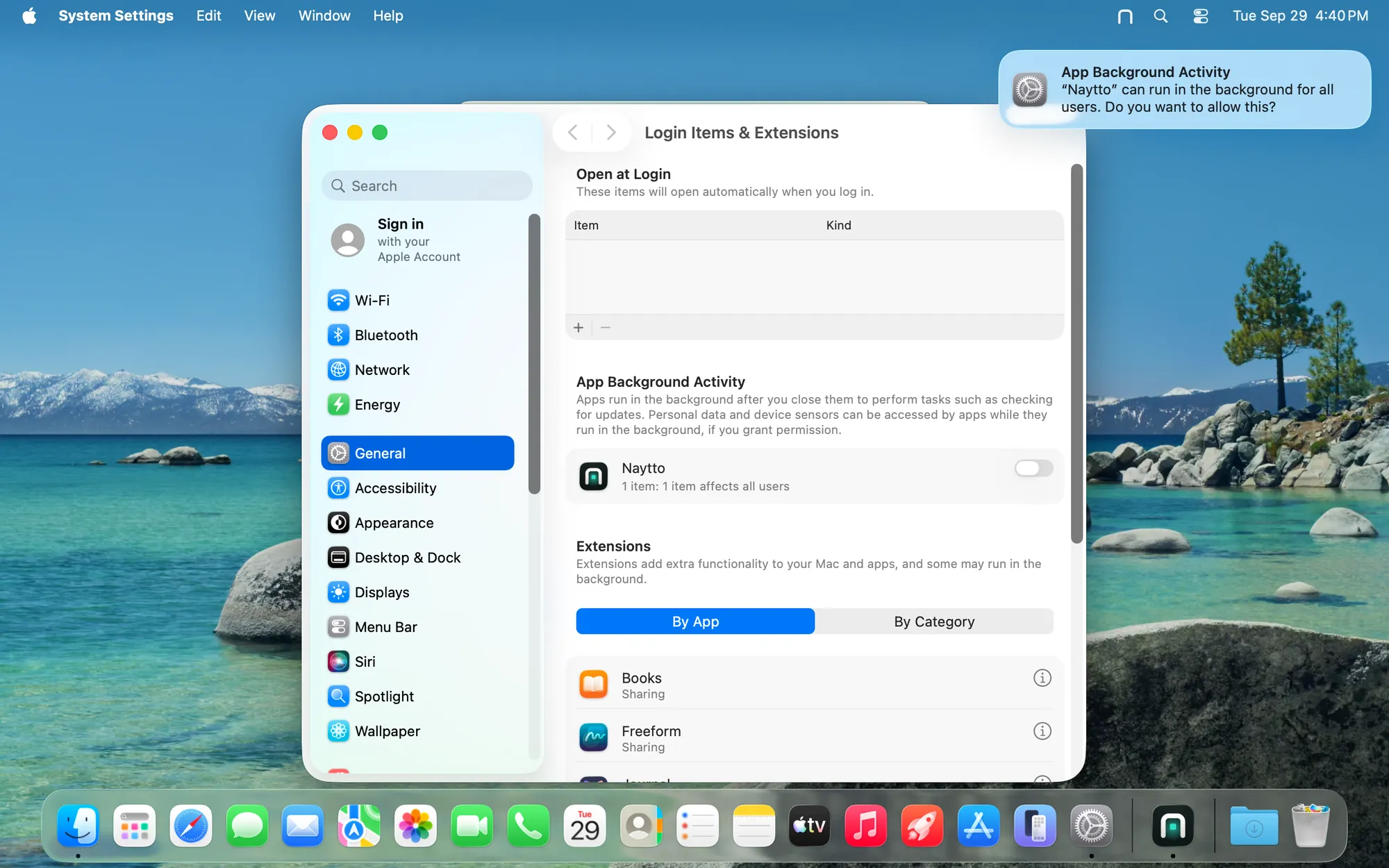 System Settings at Login Items & Extensions with Naytto’s switch off under App Background Activity, and a notification asking whether “Naytto” can run in the background for all users.