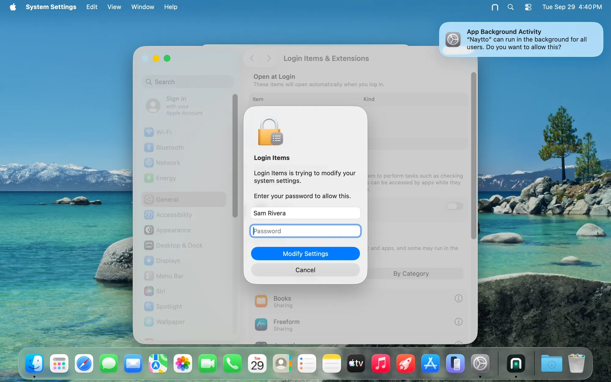 A macOS password prompt over System Settings: Login Items is trying to modify your system settings, with the user Sam Rivera, a Password field and Modify Settings, and the notification still at the top right.